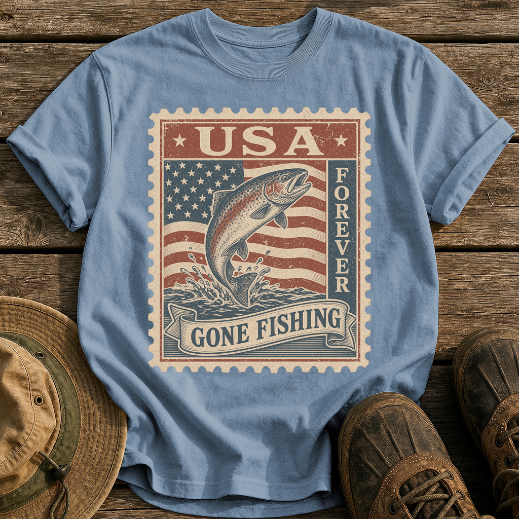 USA Forever Fishing Stamp tee - Blue Jean - front