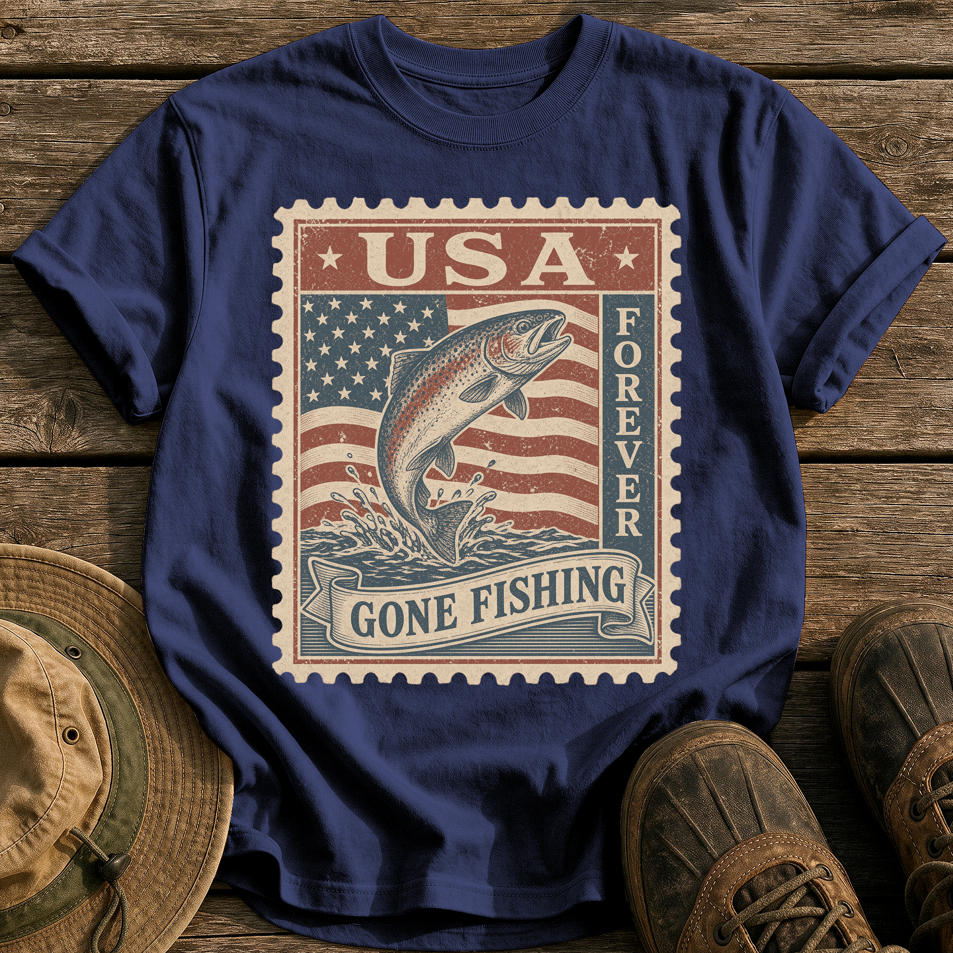 USA Forever Fishing Stamp tee - True Navy - front
