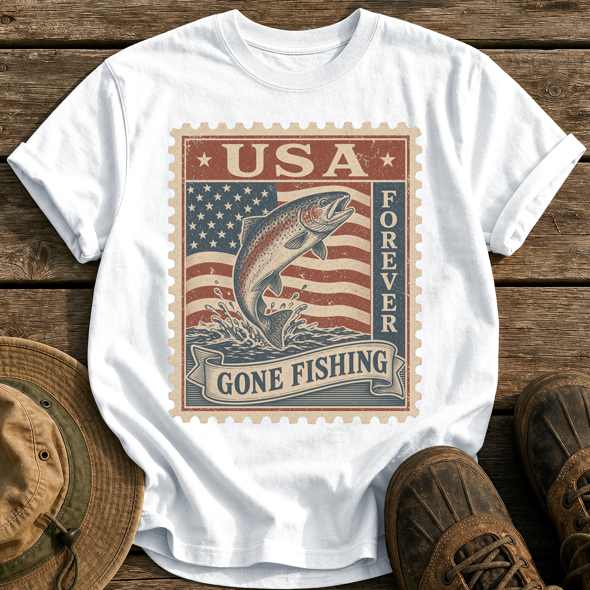 USA Forever Fishing Stamp tee - White - front