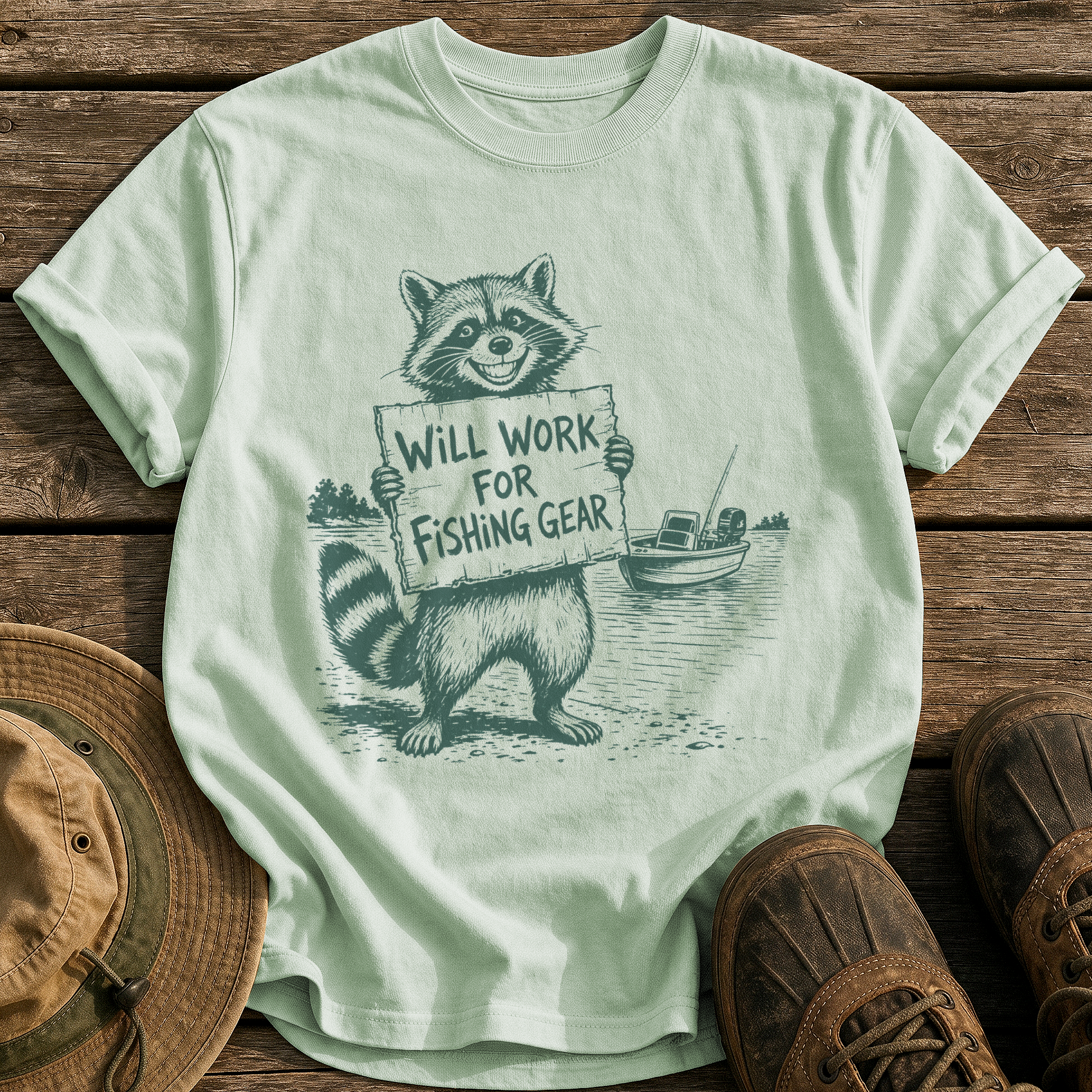 Will Work for Fishing Gear tee - Bay - front