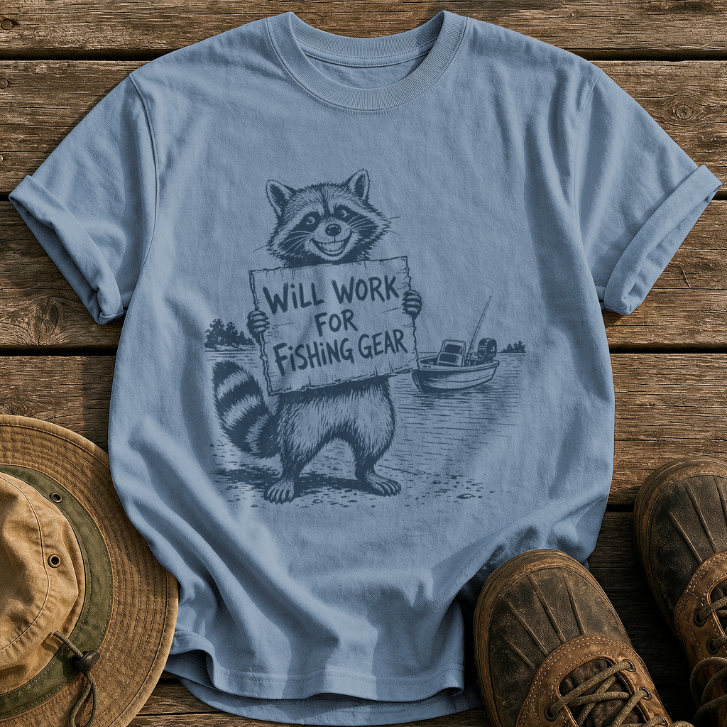 Will Work for Fishing Gear tee - Blue Jean - front