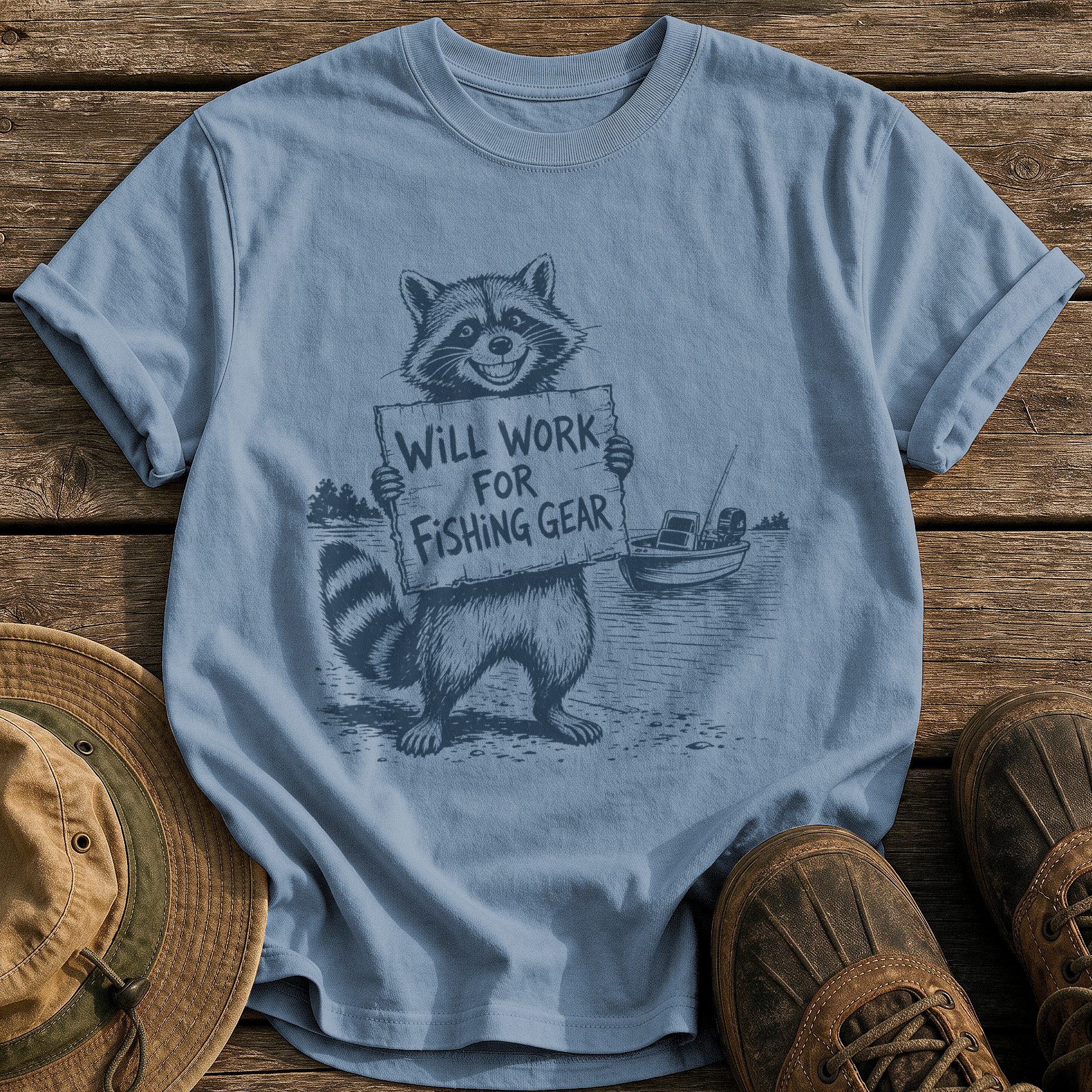 Will Work for Fishing Gear tee - Blue Jean - front