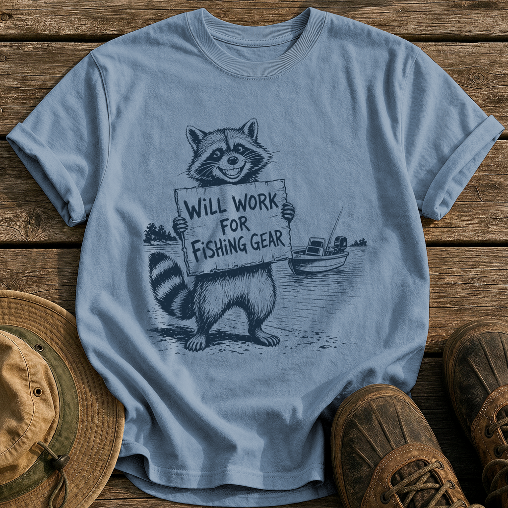 Will Work for Fishing Gear tee - Blue Jean - front