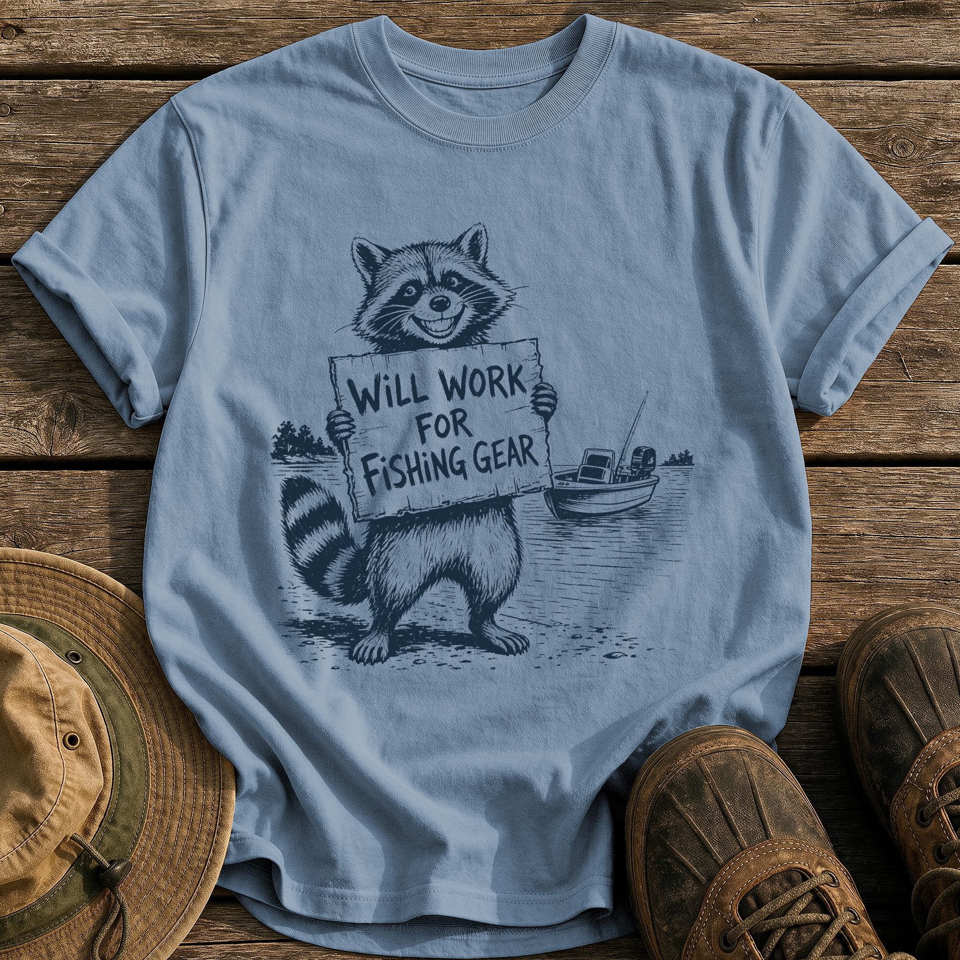 Will Work for Fishing Gear tee - Blue Jean - front