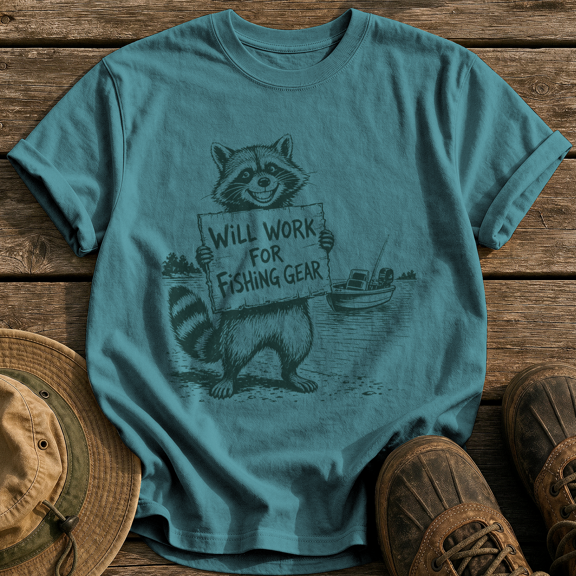 Will Work for Fishing Gear tee - Blue Spruce - front