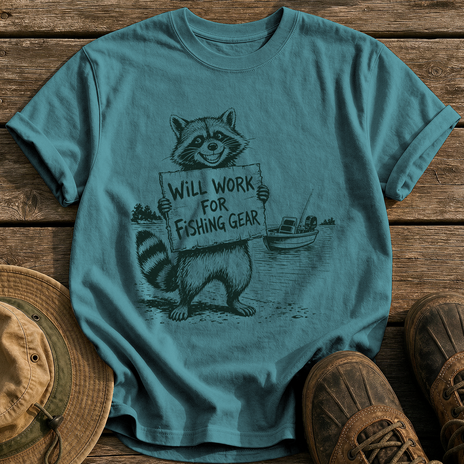 Will Work for Fishing Gear tee - Blue Spruce - front