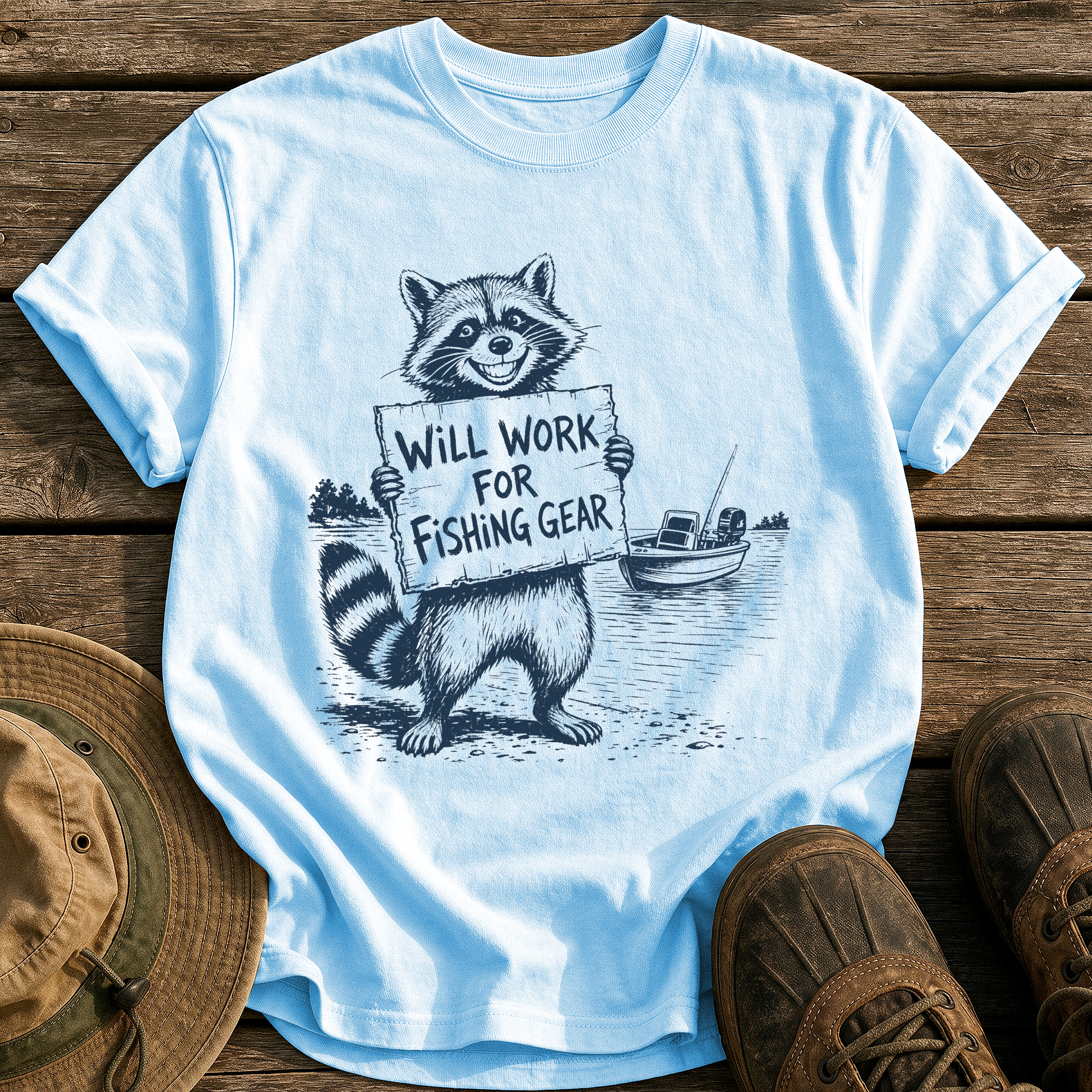 Will Work for Fishing Gear tee - Chambray - front