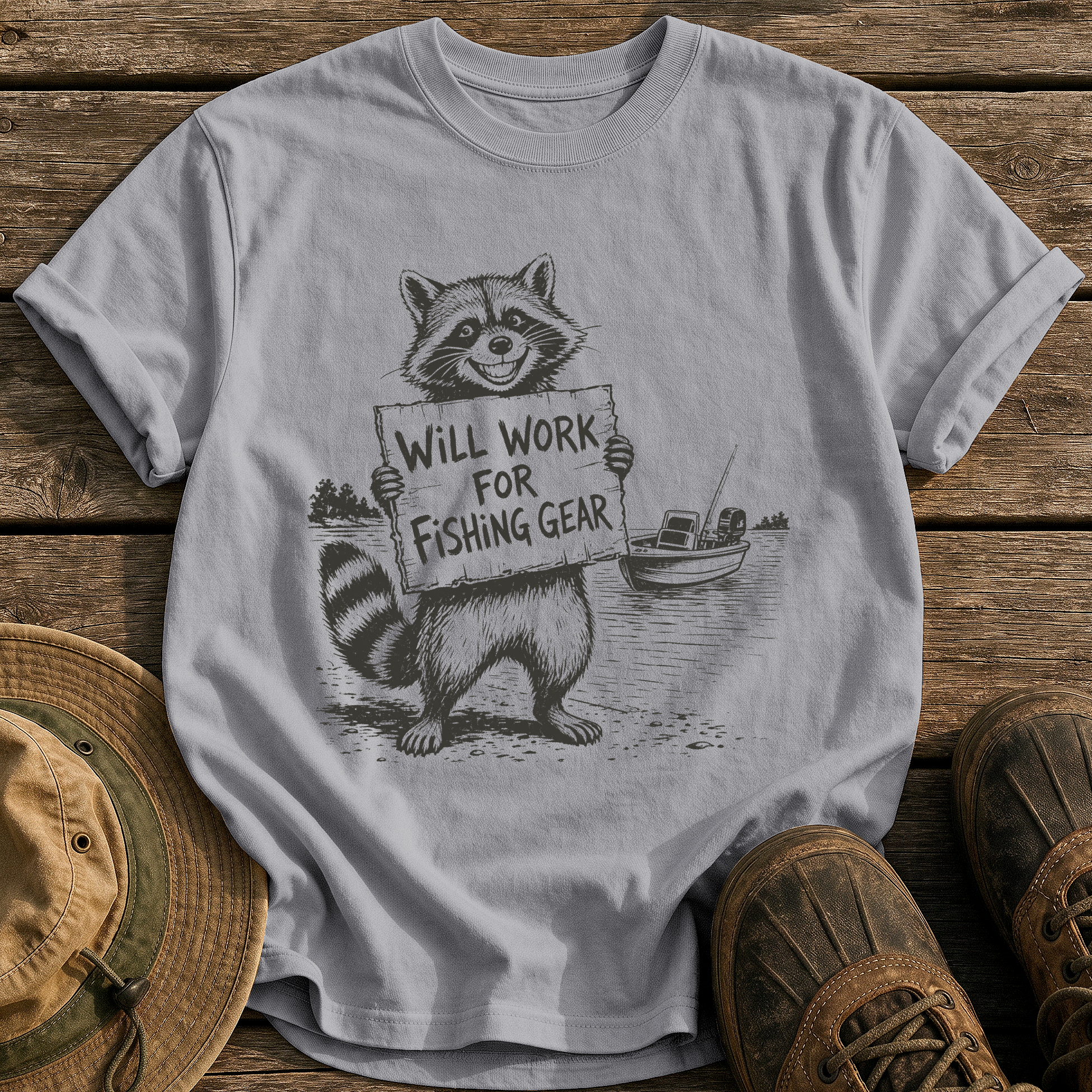 Will Work for Fishing Gear tee - Grey - front