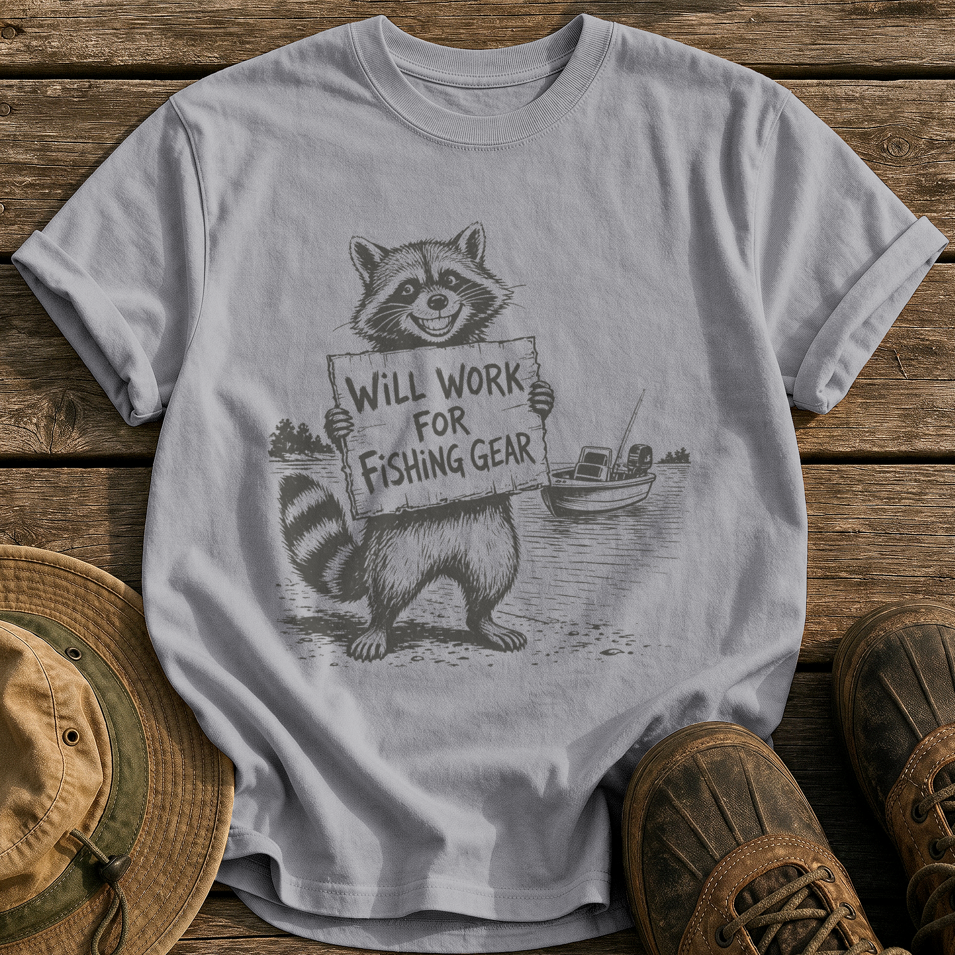 Will Work for Fishing Gear tee - Grey - front