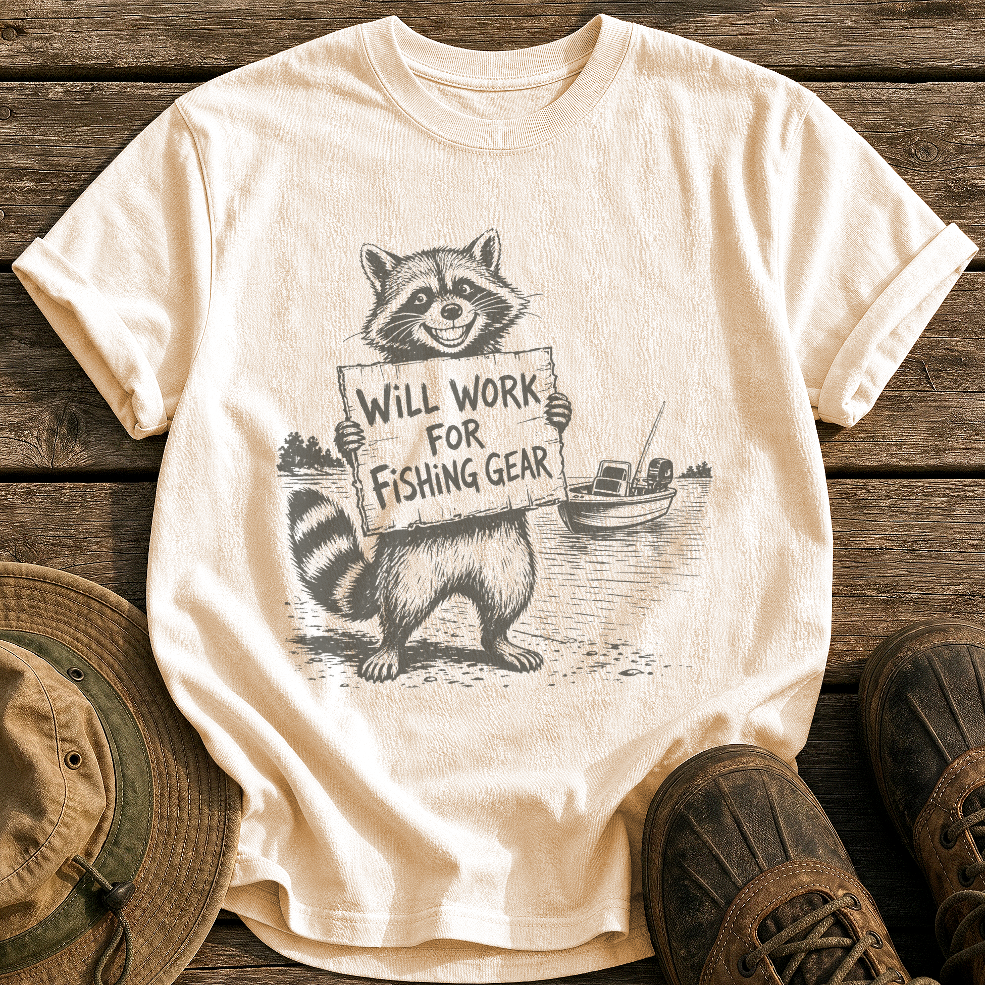 Will Work for Fishing Gear tee - Ivory - front