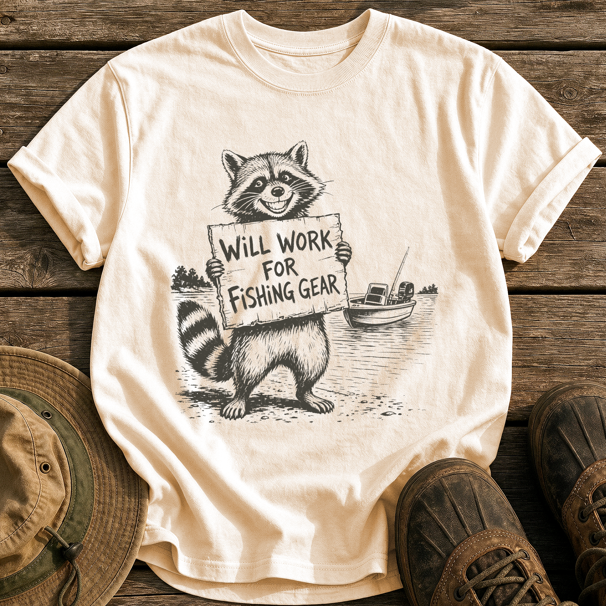 Will Work for Fishing Gear tee - Ivory - front