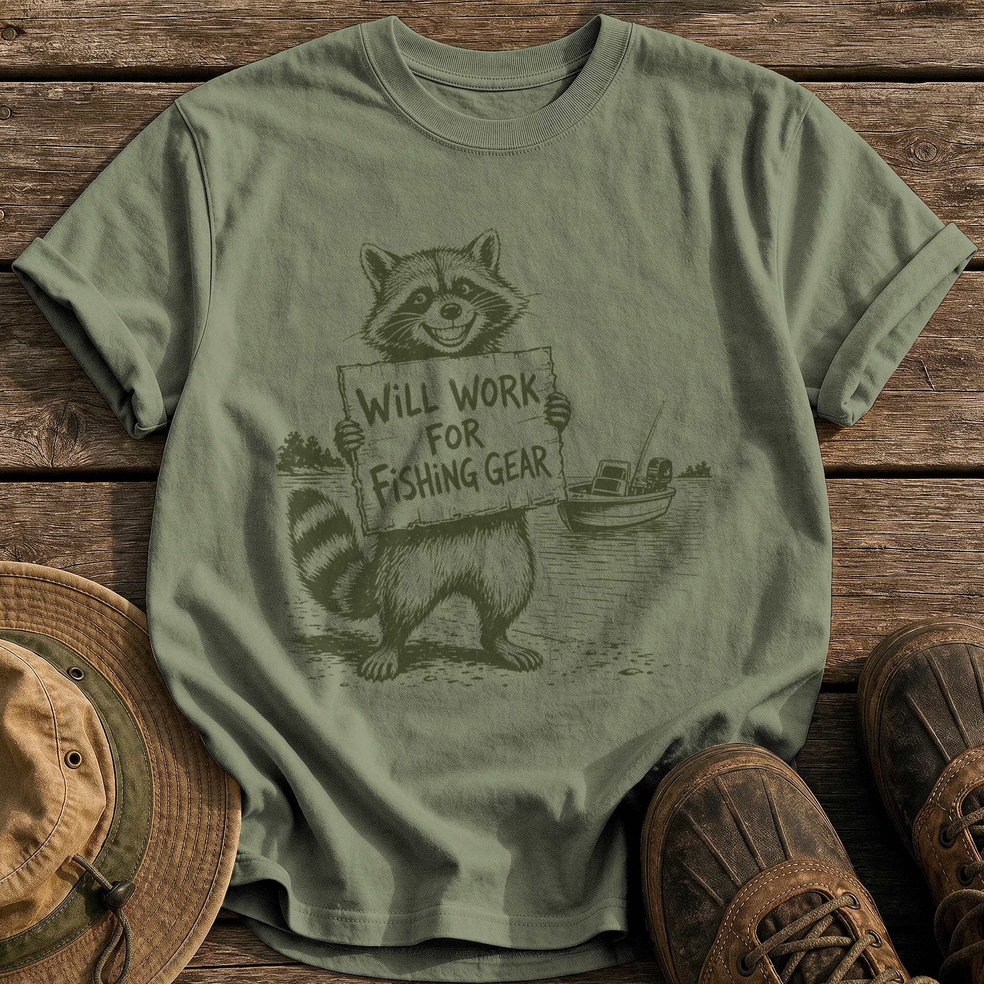 Will Work for Fishing Gear tee - Sage - front