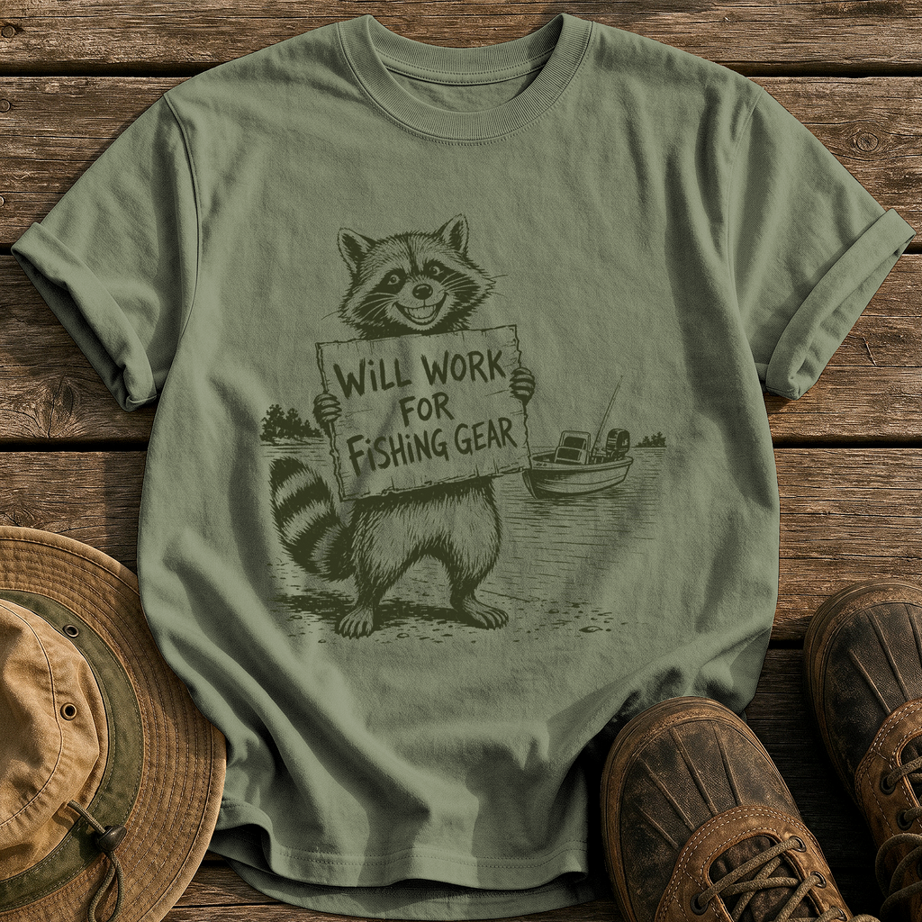 Will Work for Fishing Gear tee - Sage - front