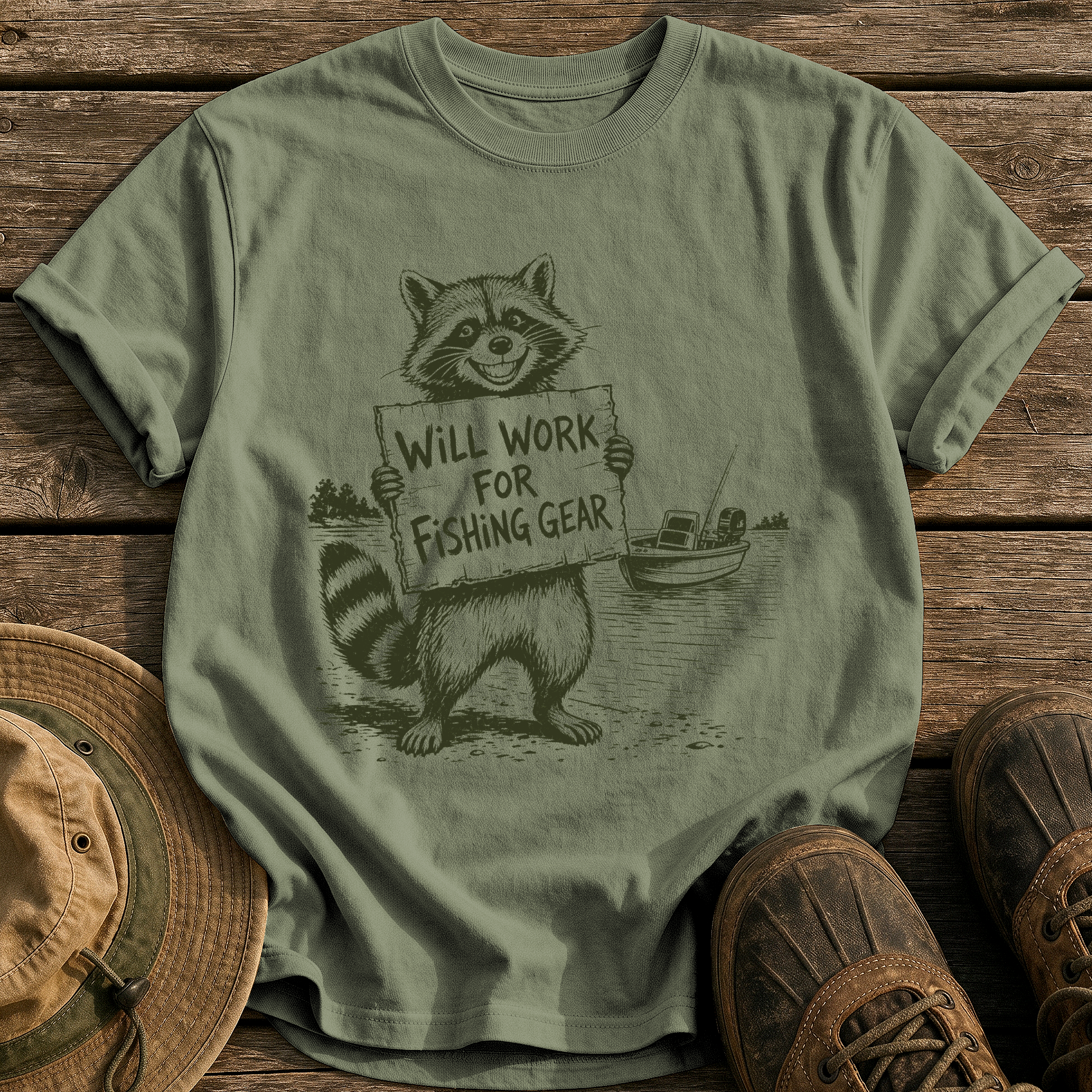 Will Work for Fishing Gear tee - Sage - front