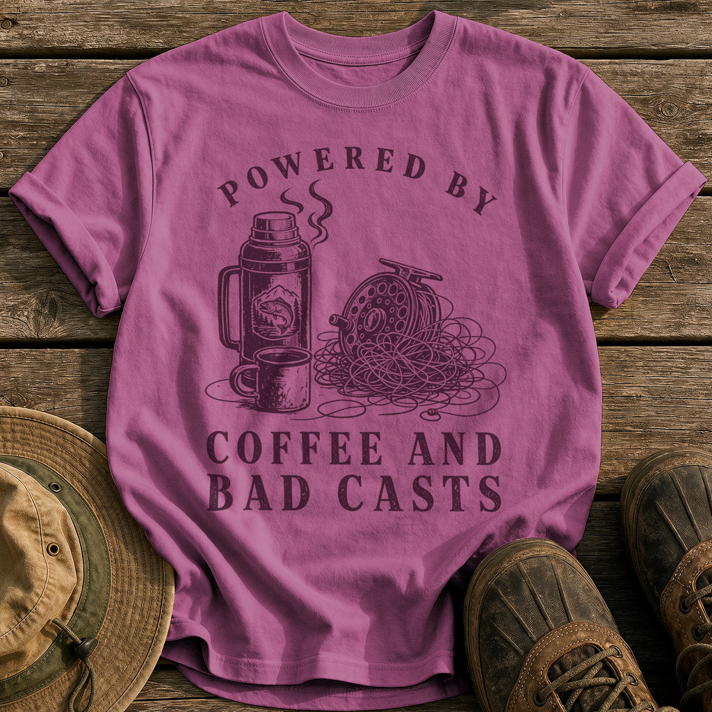 Coffee and Bad Casts tee - Berry - front