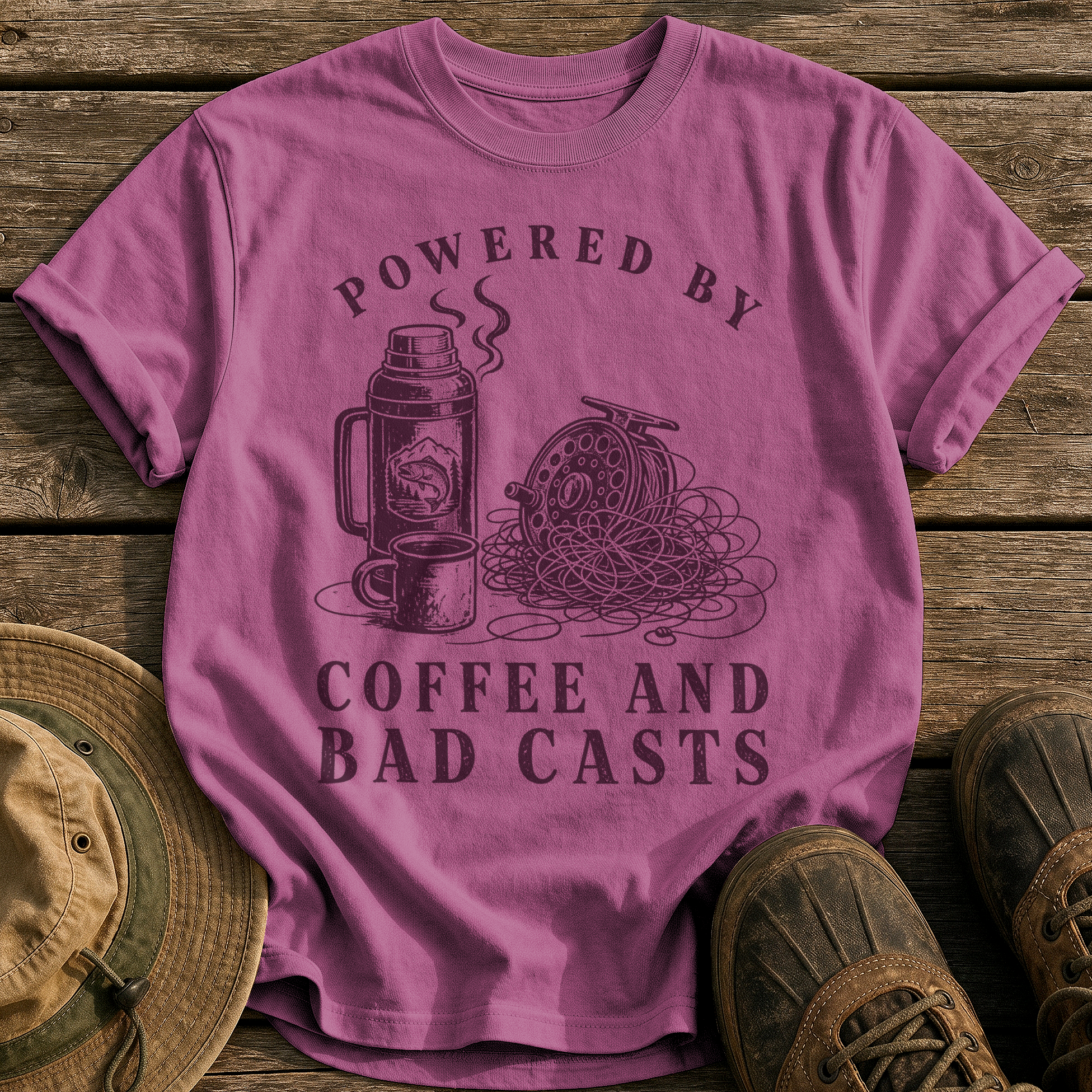 Coffee and Bad Casts tee - Berry - front