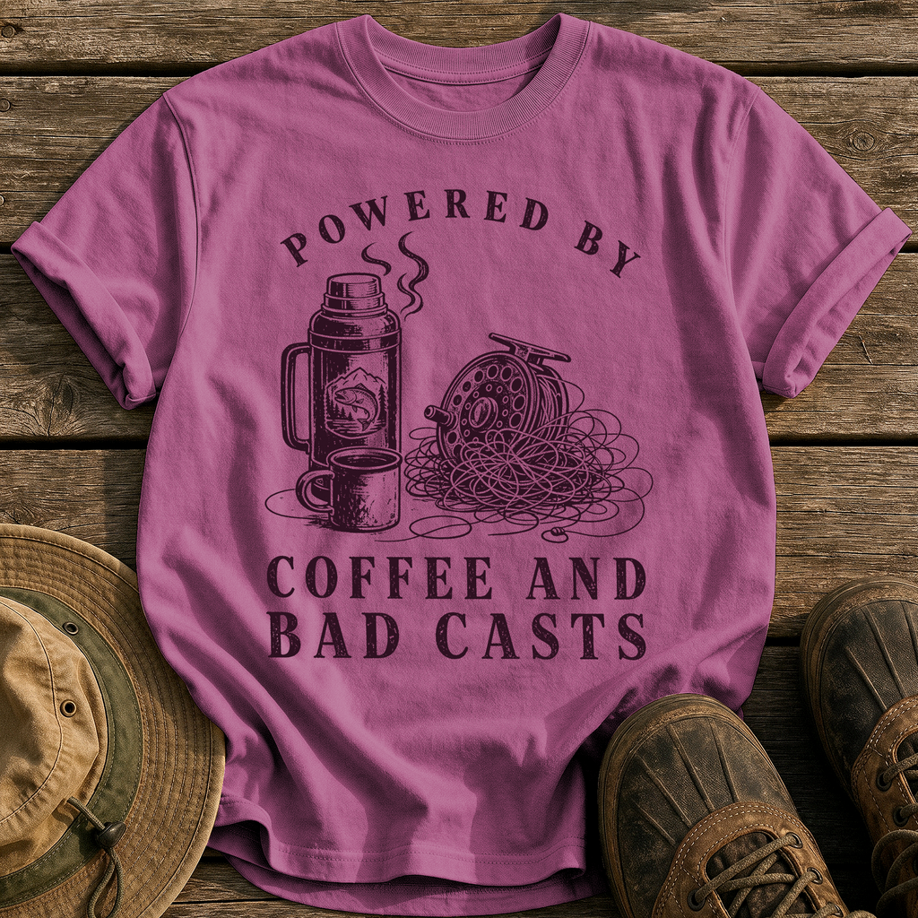 Coffee and Bad Casts tee - Berry - front