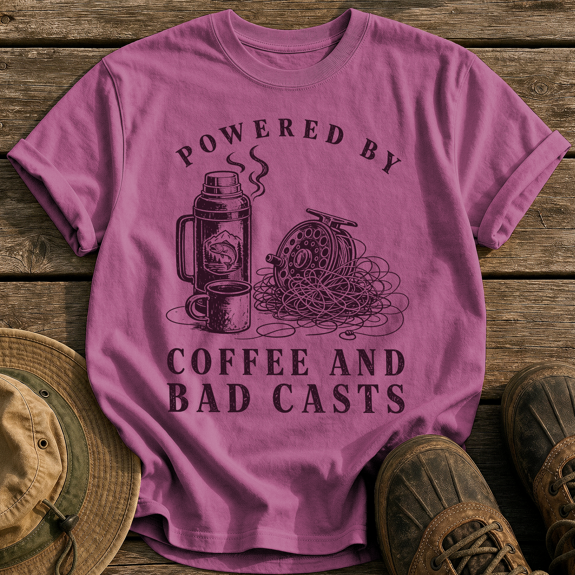 Coffee and Bad Casts tee - Berry - front
