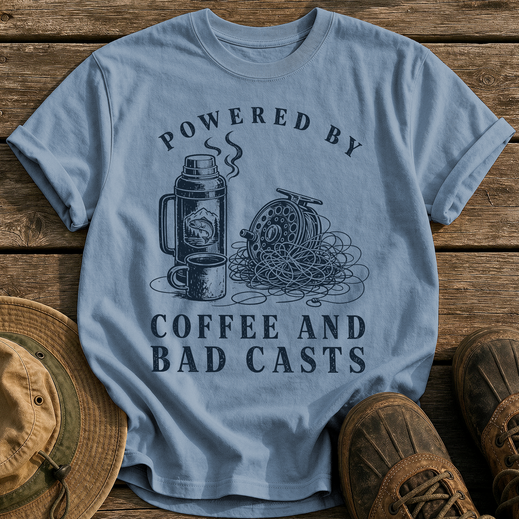 Coffee and Bad Casts tee - Blue Jean - front