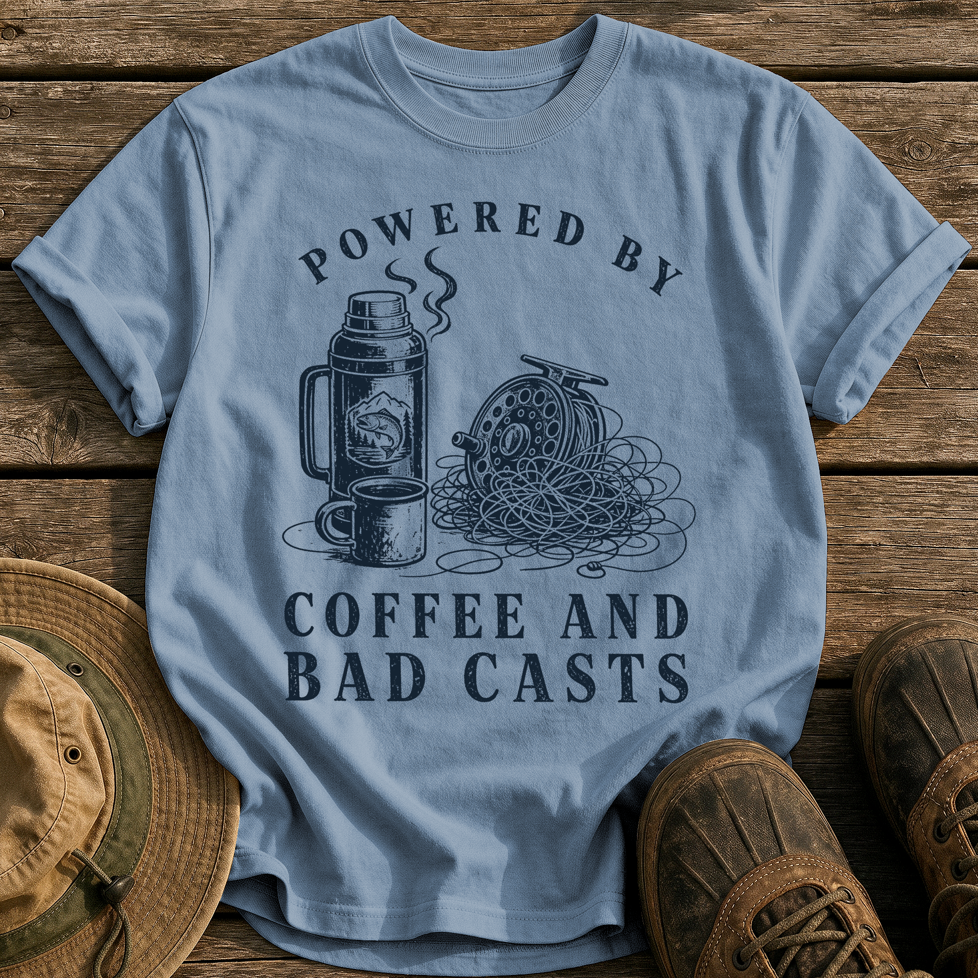 Coffee and Bad Casts tee - Blue Jean - front