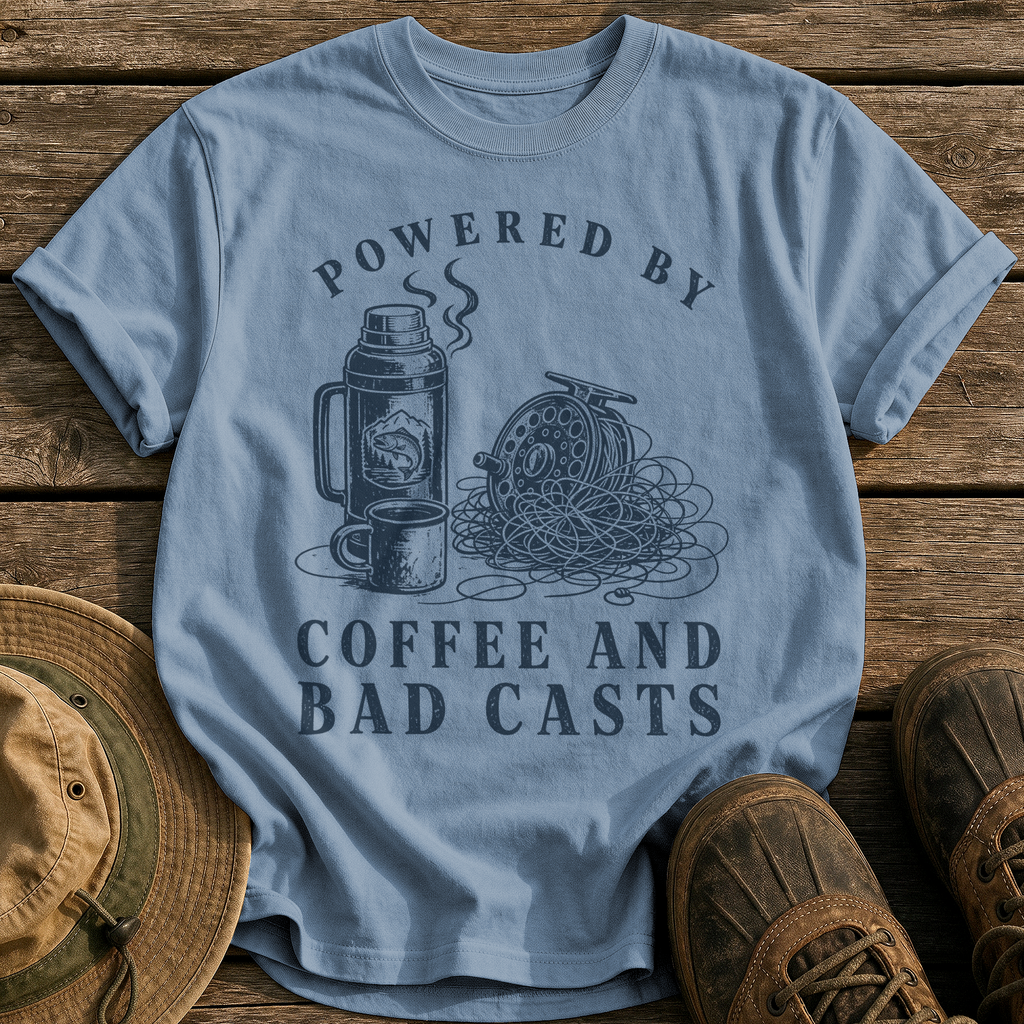 Coffee and Bad Casts tee - Blue Jean - front