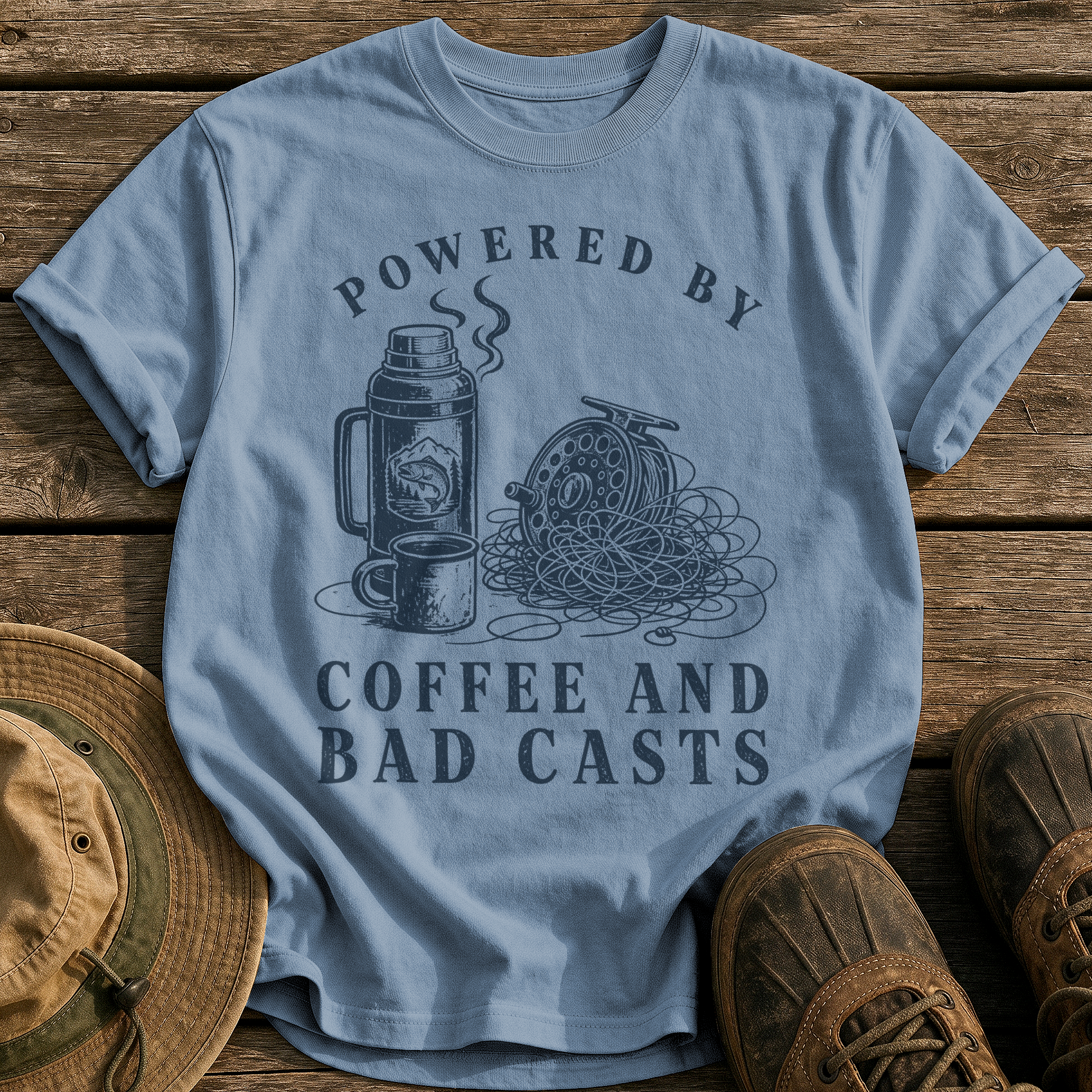 Coffee and Bad Casts tee - Blue Jean - front