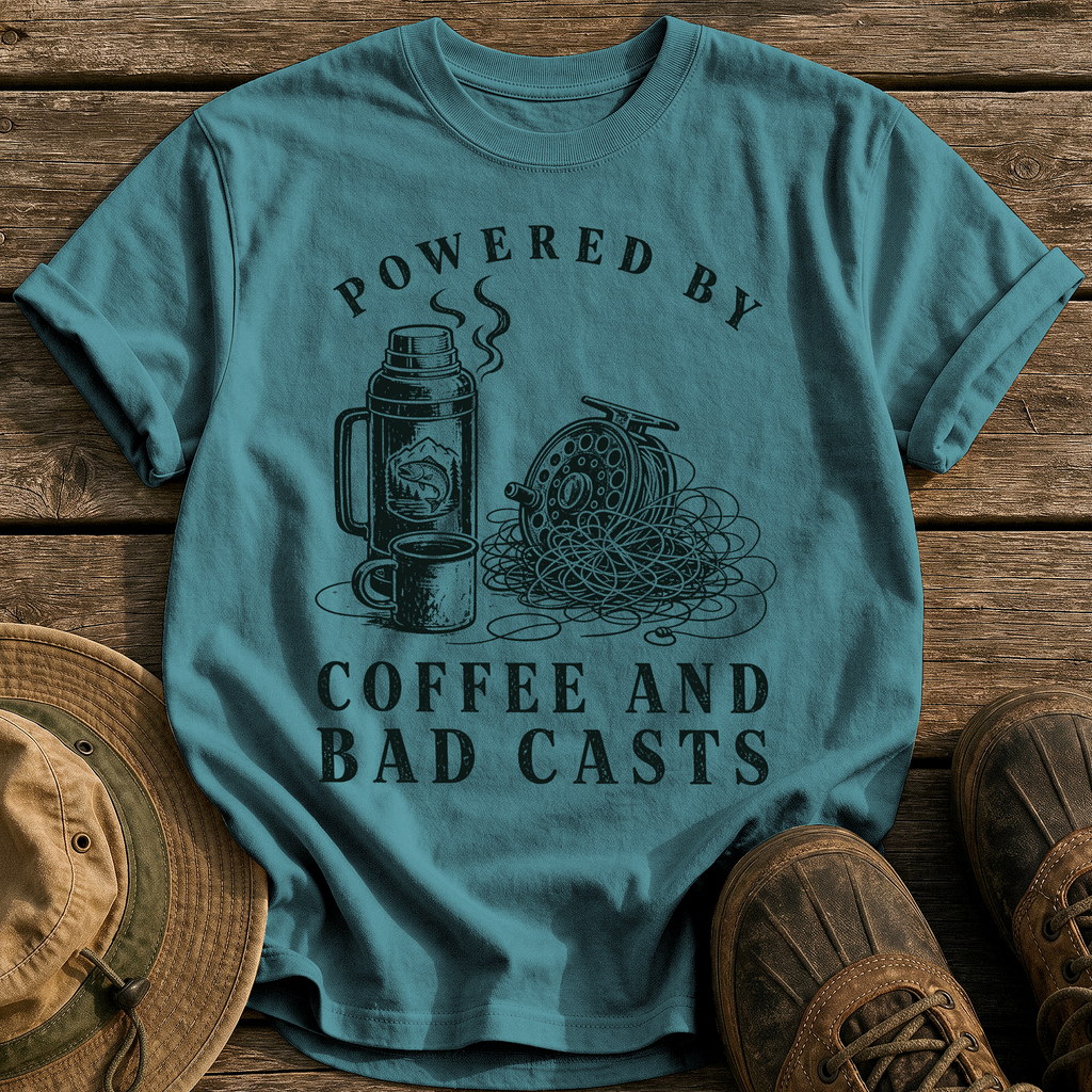 Coffee and Bad Casts tee - Blue Spruce - front