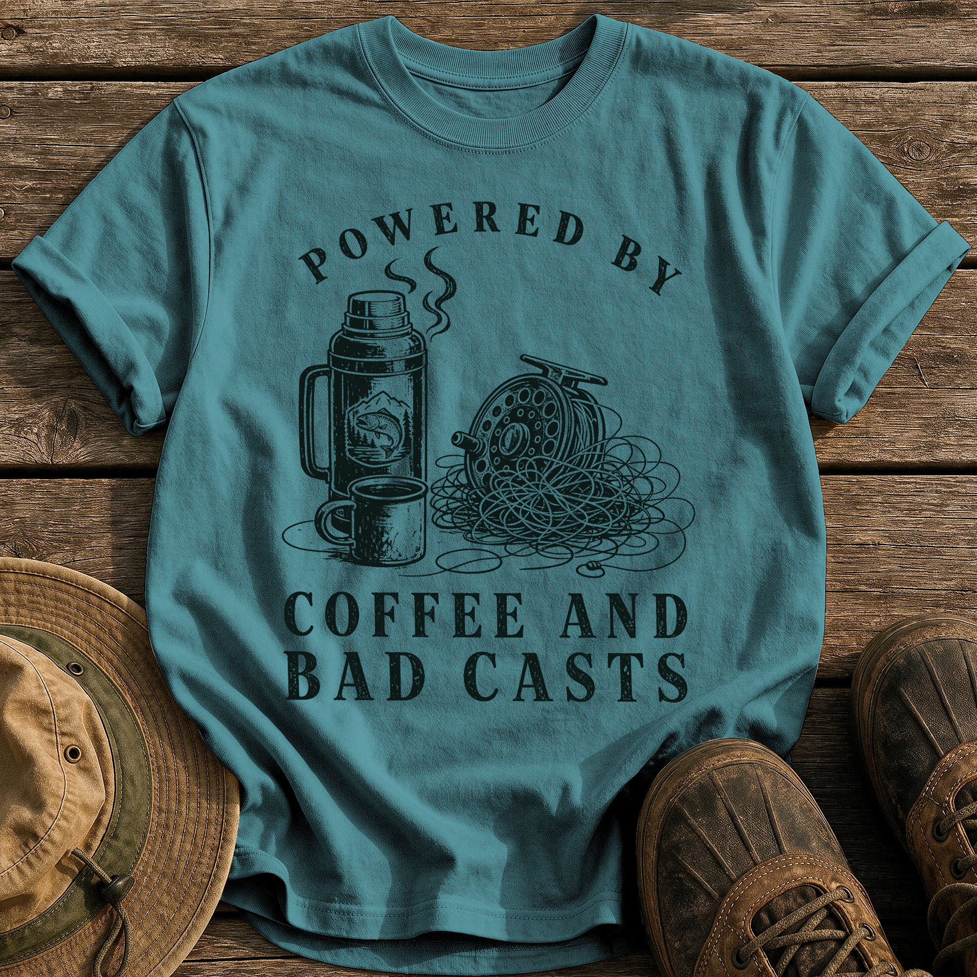 Coffee and Bad Casts tee - Blue Spruce - front