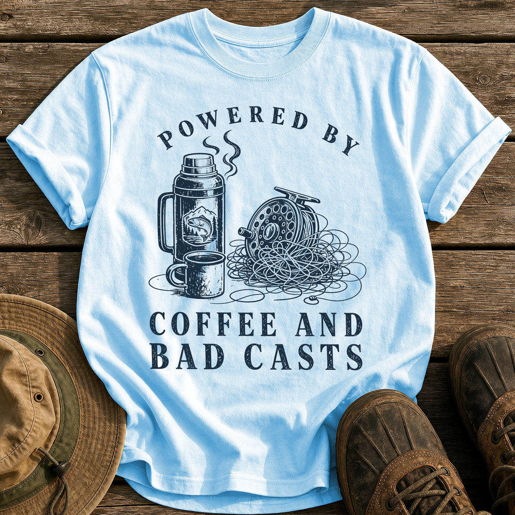 Coffee and Bad Casts tee - Chambray - front