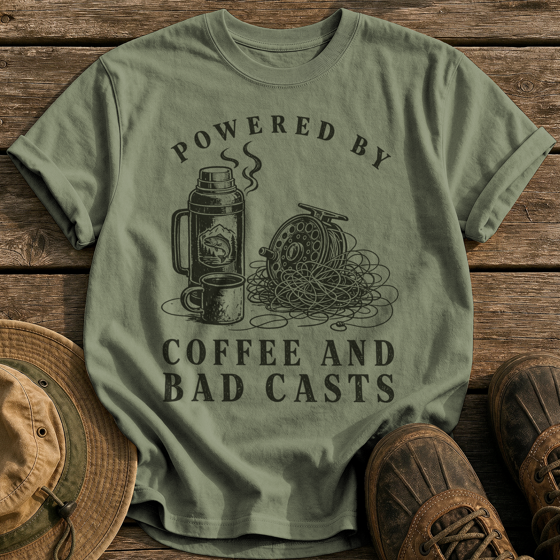 Coffee and Bad Casts tee - Sage - front