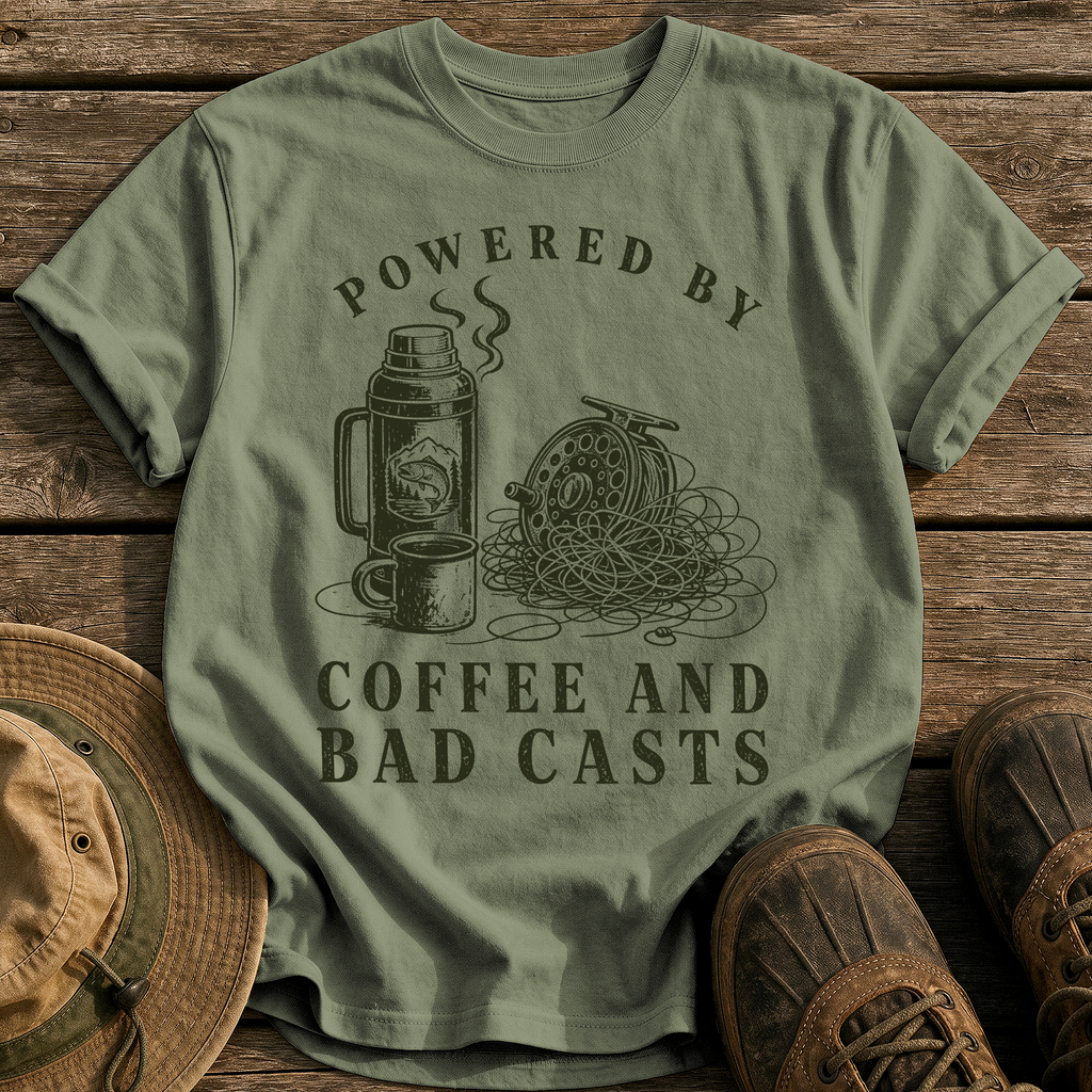 Coffee and Bad Casts tee - Sage - front
