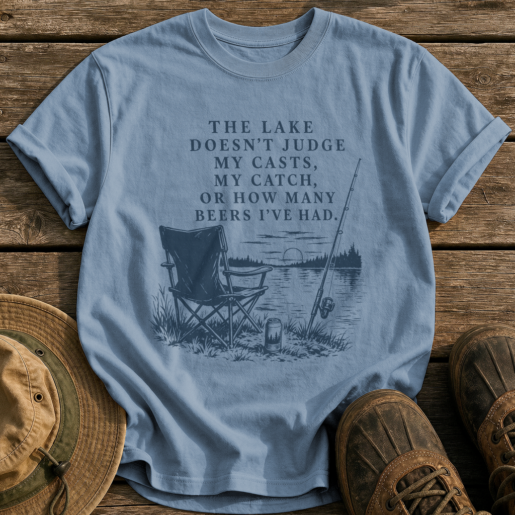 The Lake Doesn't Judge tee - Blue Jean - front