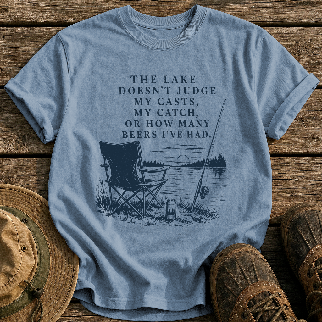 The Lake Doesn't Judge tee - Blue Jean - front