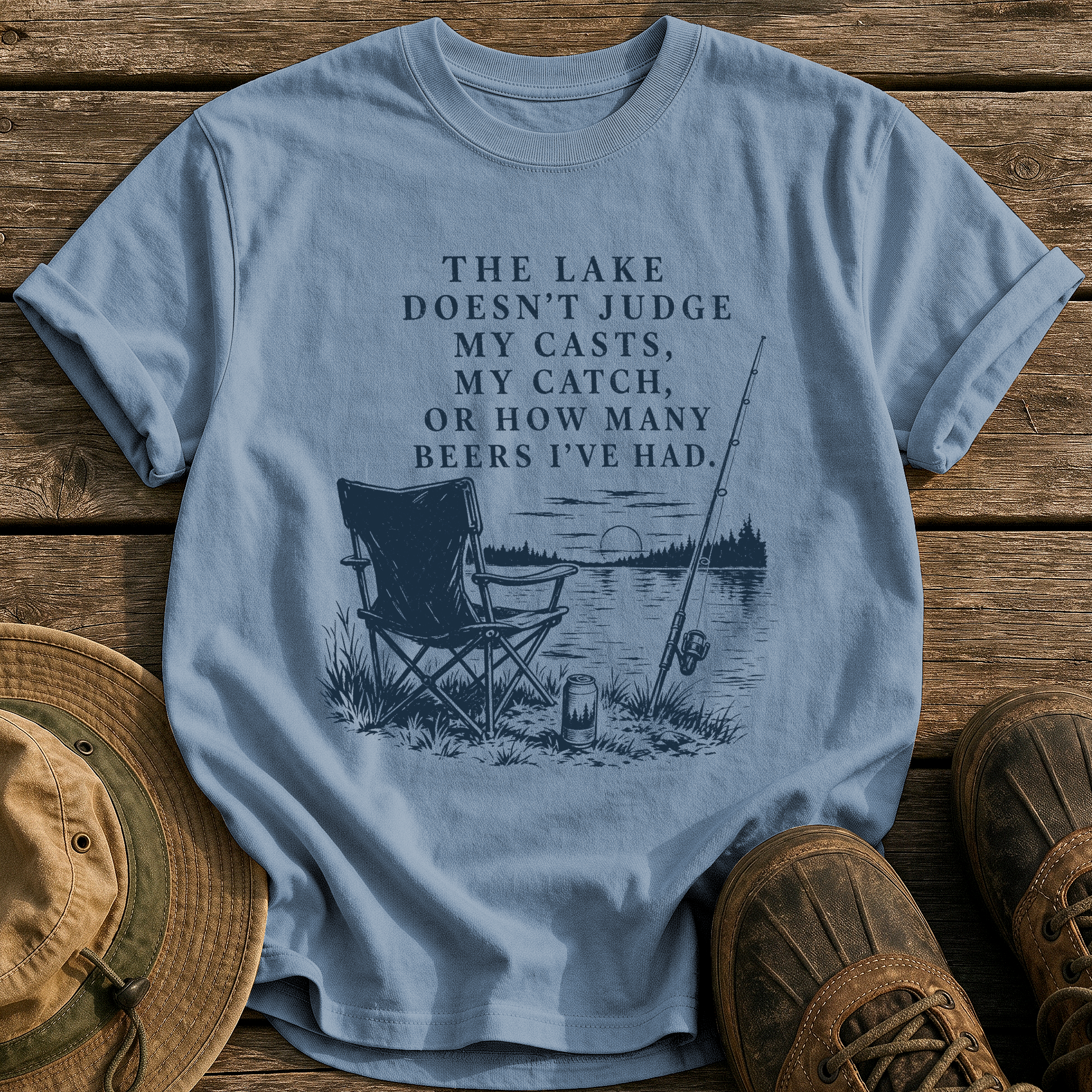 The Lake Doesn't Judge tee - Blue Jean - front