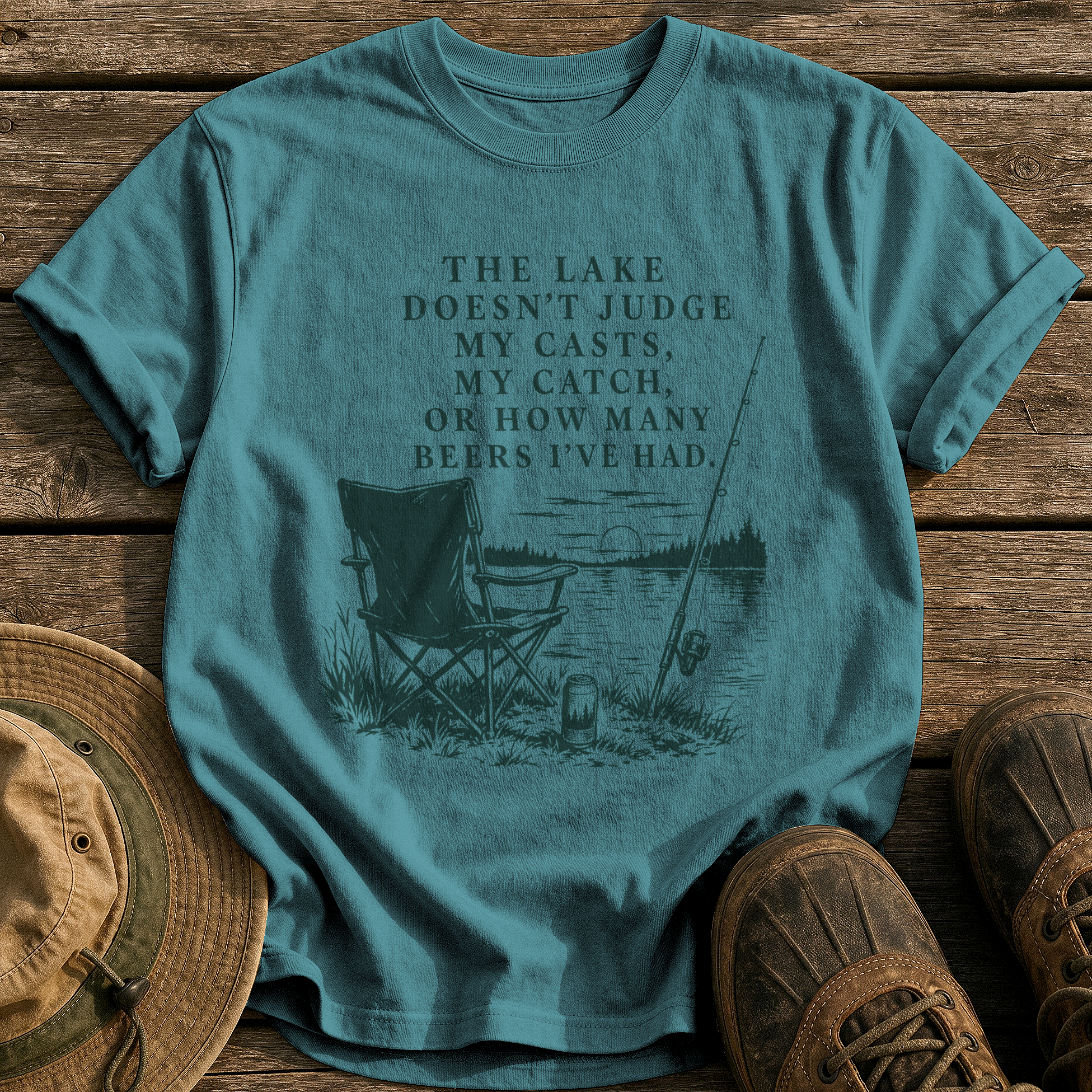 The Lake Doesn't Judge tee - Blue Spruce - front