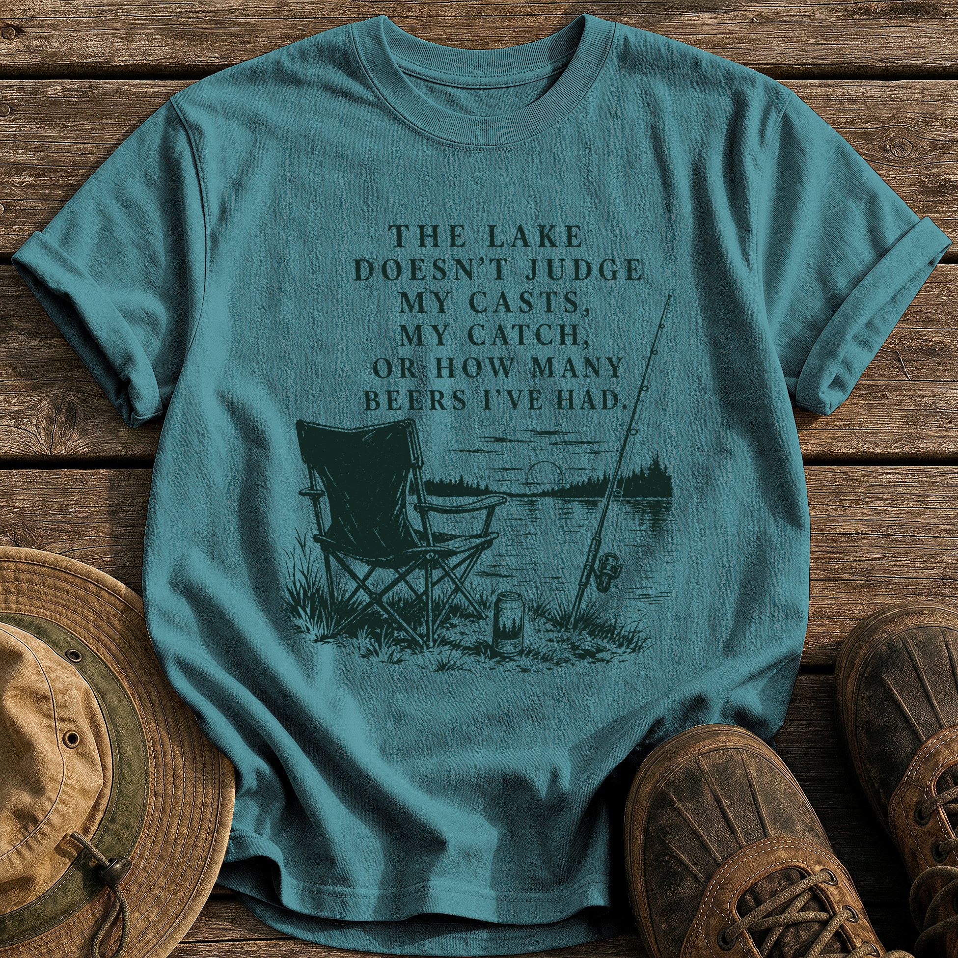 The Lake Doesn't Judge tee - Blue Spruce - front