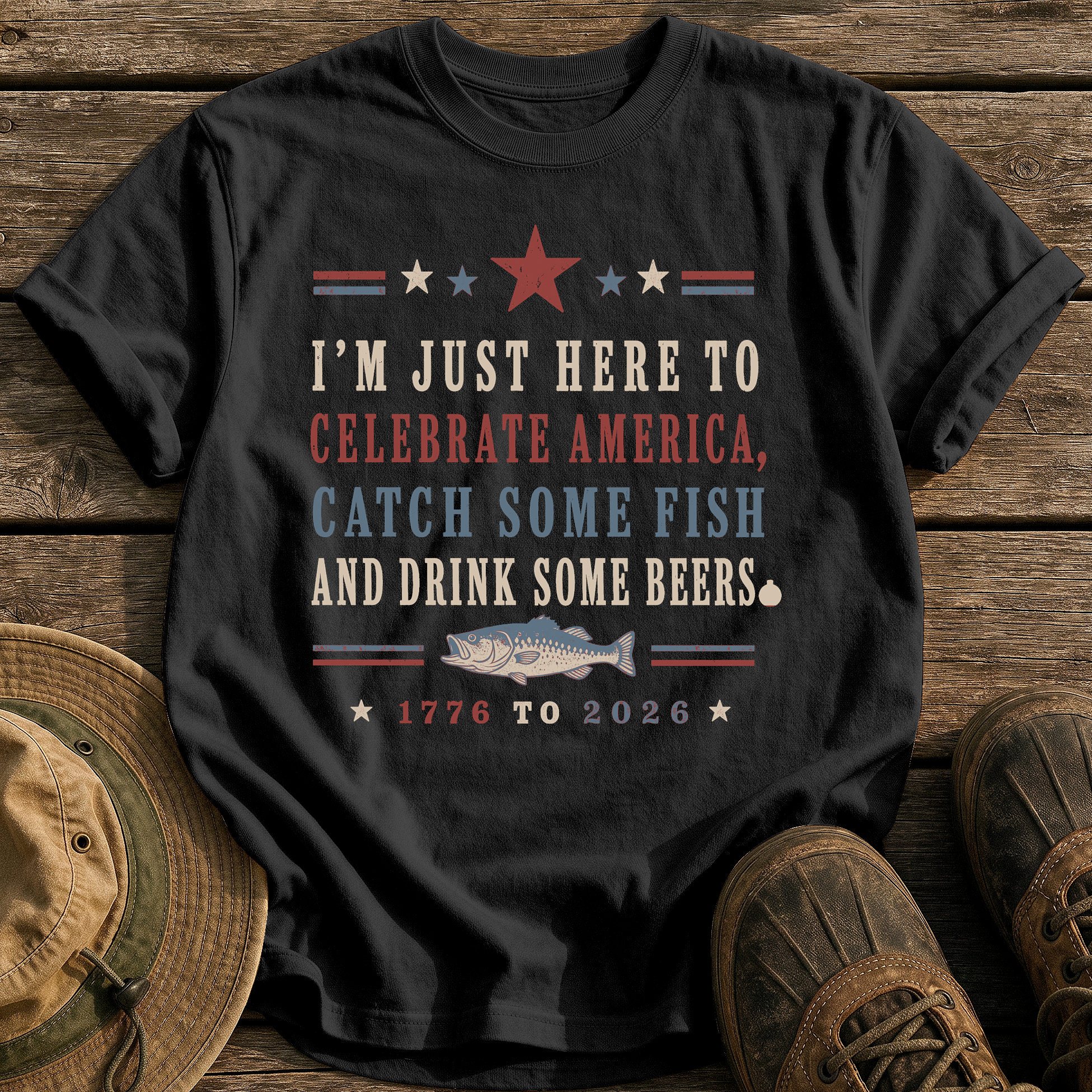 Celebrate America and Fish tee - Black - front