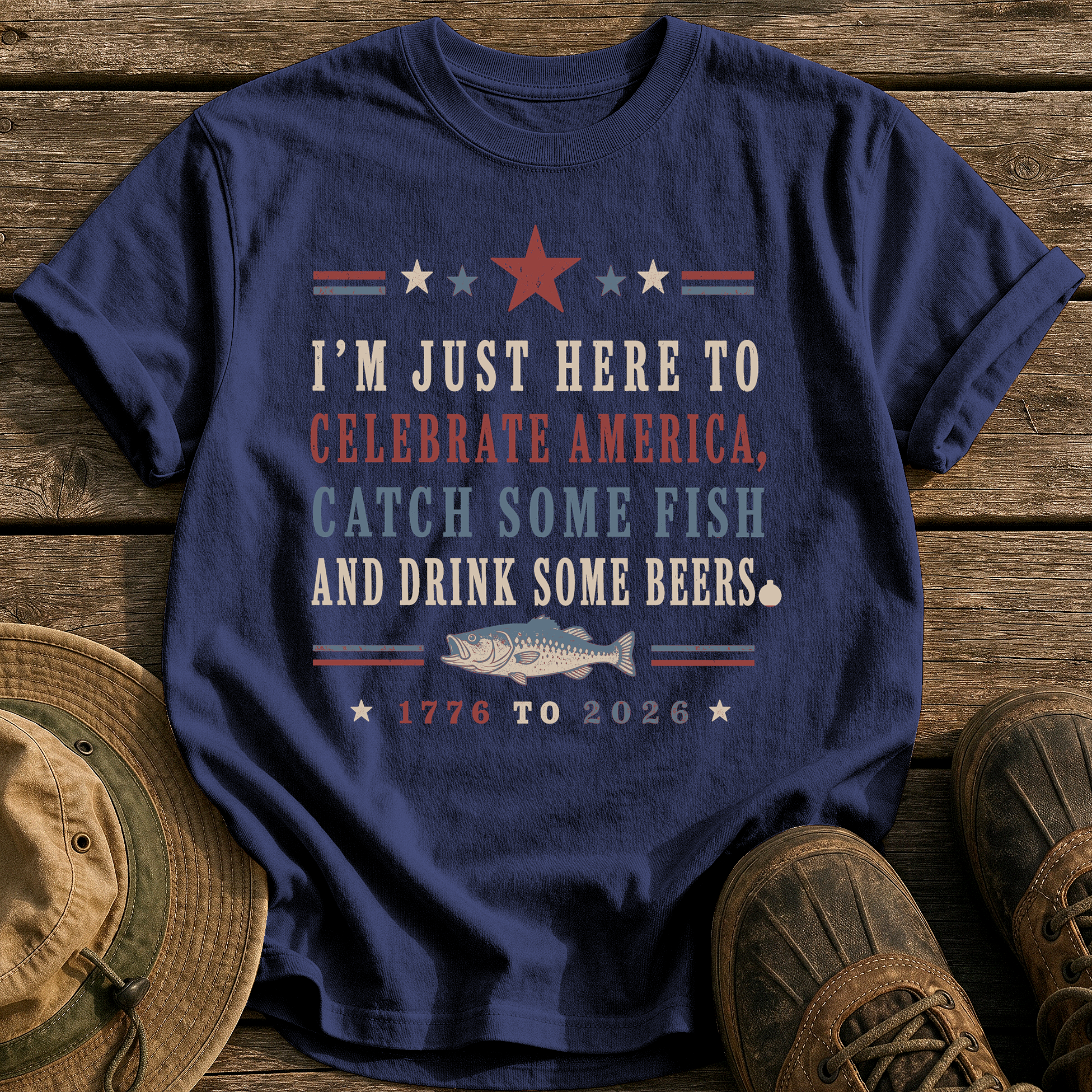 Celebrate America and Fish tee - True Navy - front