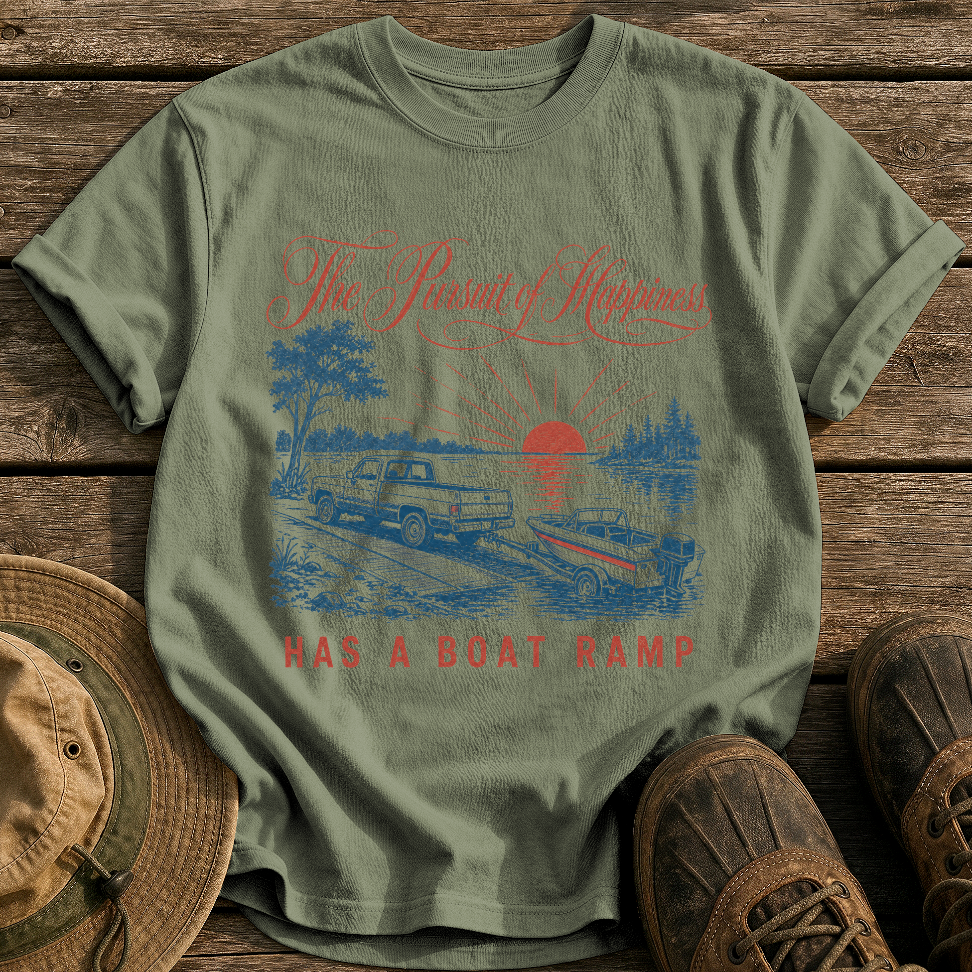 Happiness Has a Boat Ramp tee - Sage - front