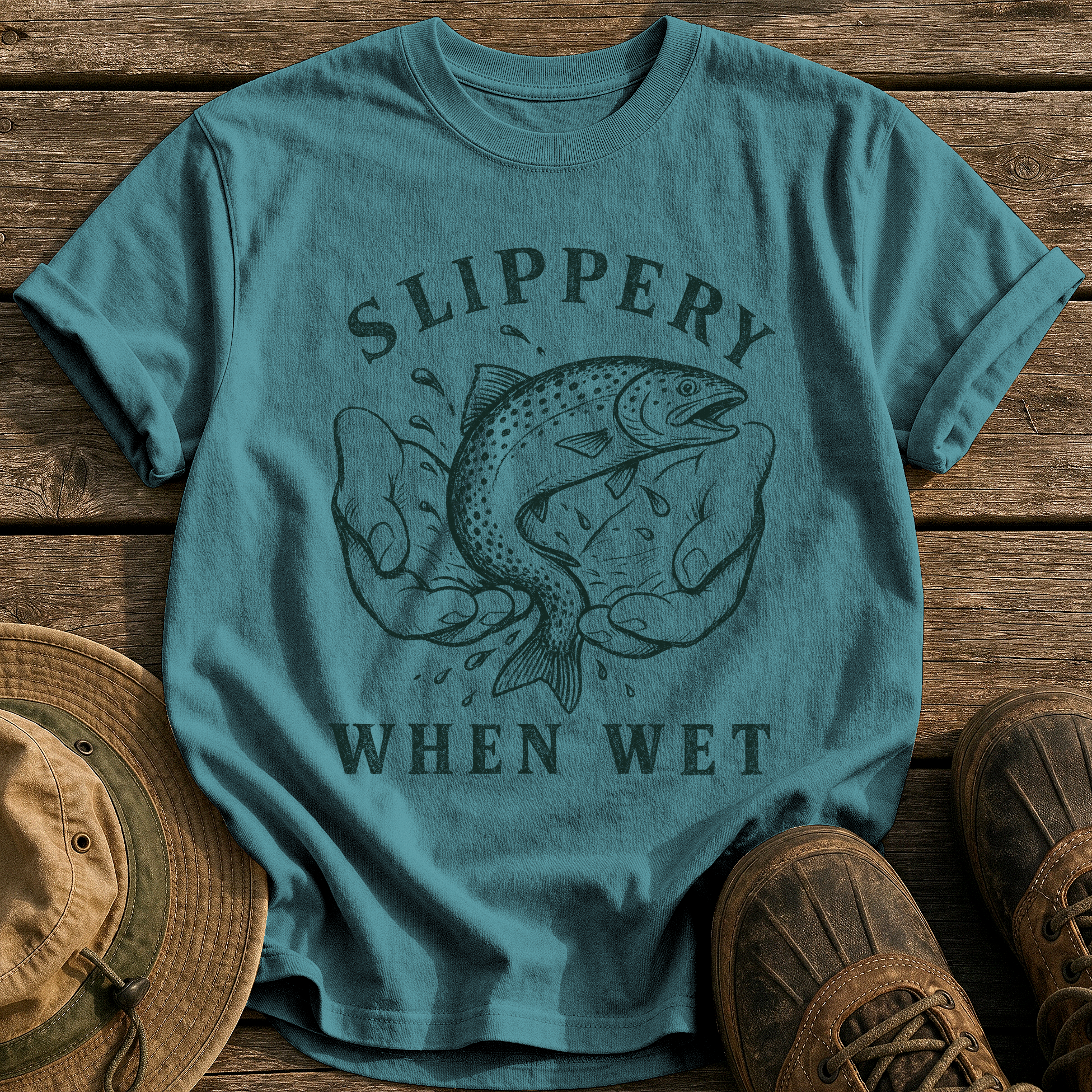 Slippery When Wet tee - Blue Spruce - front