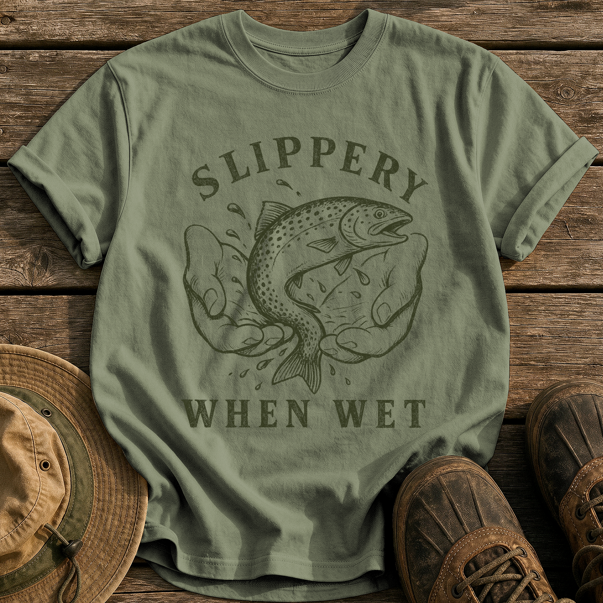 Slippery When Wet tee - Sage - front