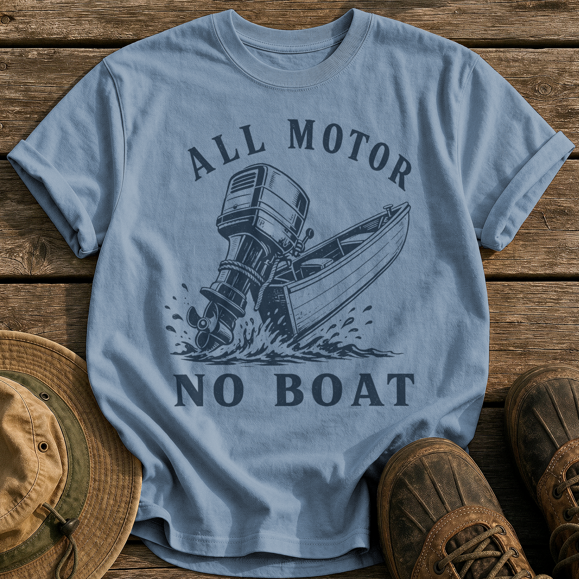 All Motor No Boat tee - Blue Jean - front