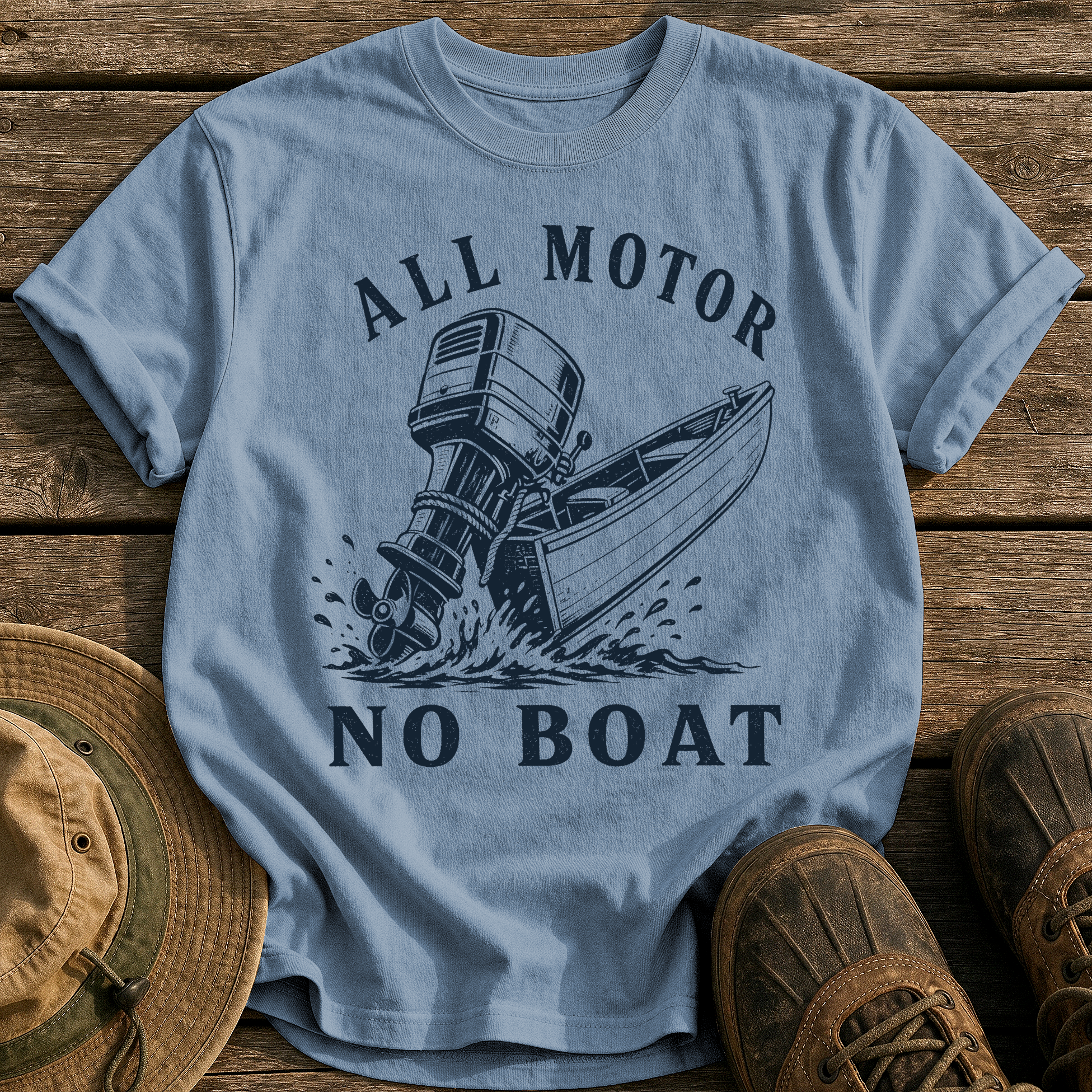 All Motor No Boat tee - Blue Jean - front