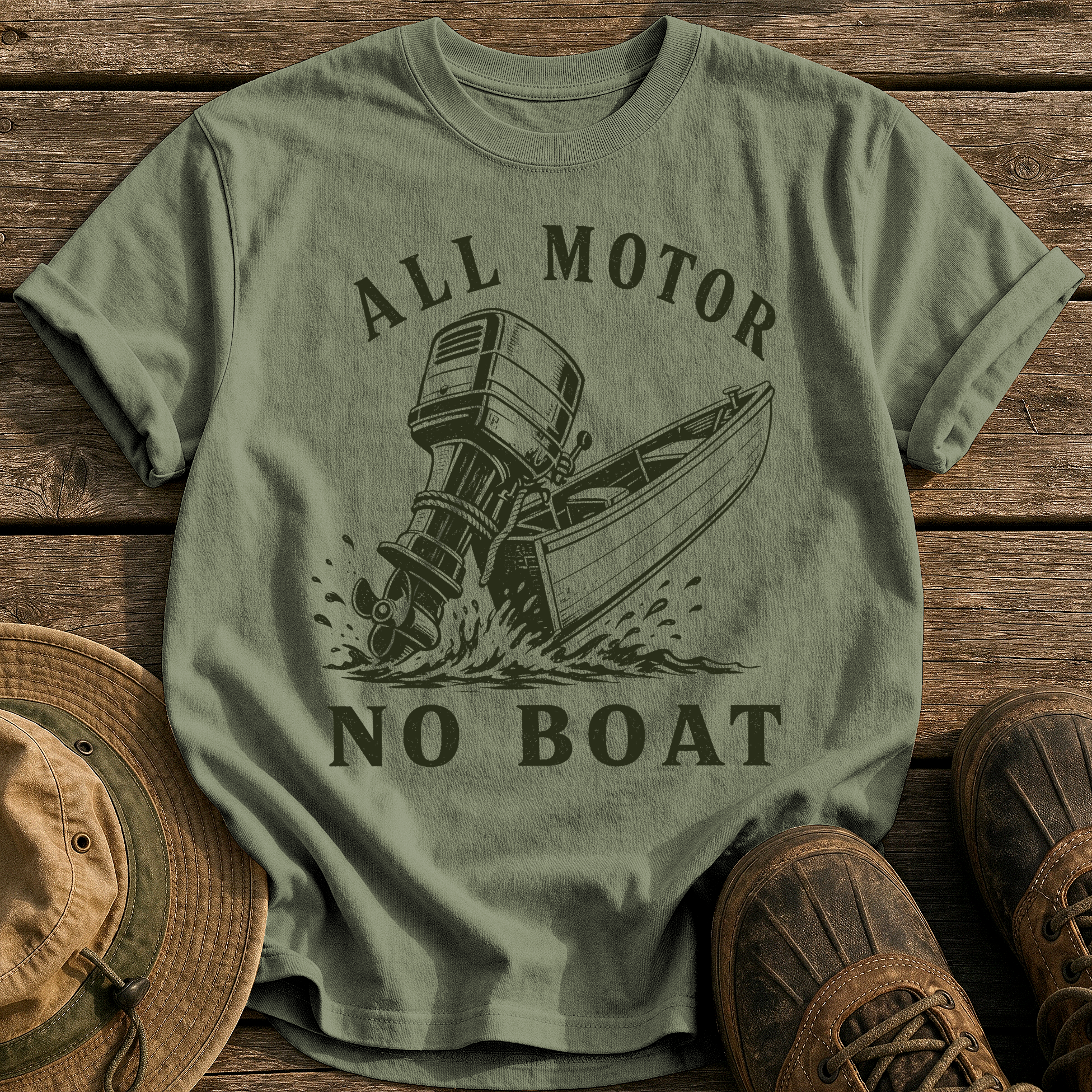 All Motor No Boat tee - Sage - front
