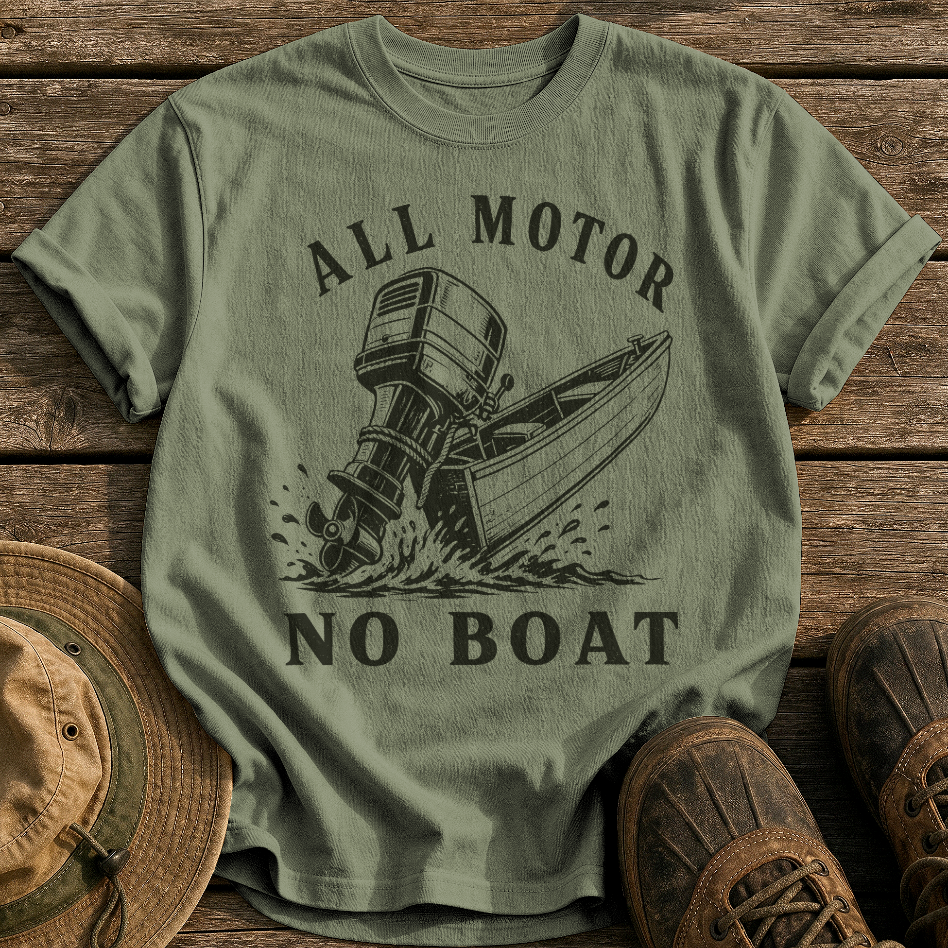 All Motor No Boat tee - Sage - front