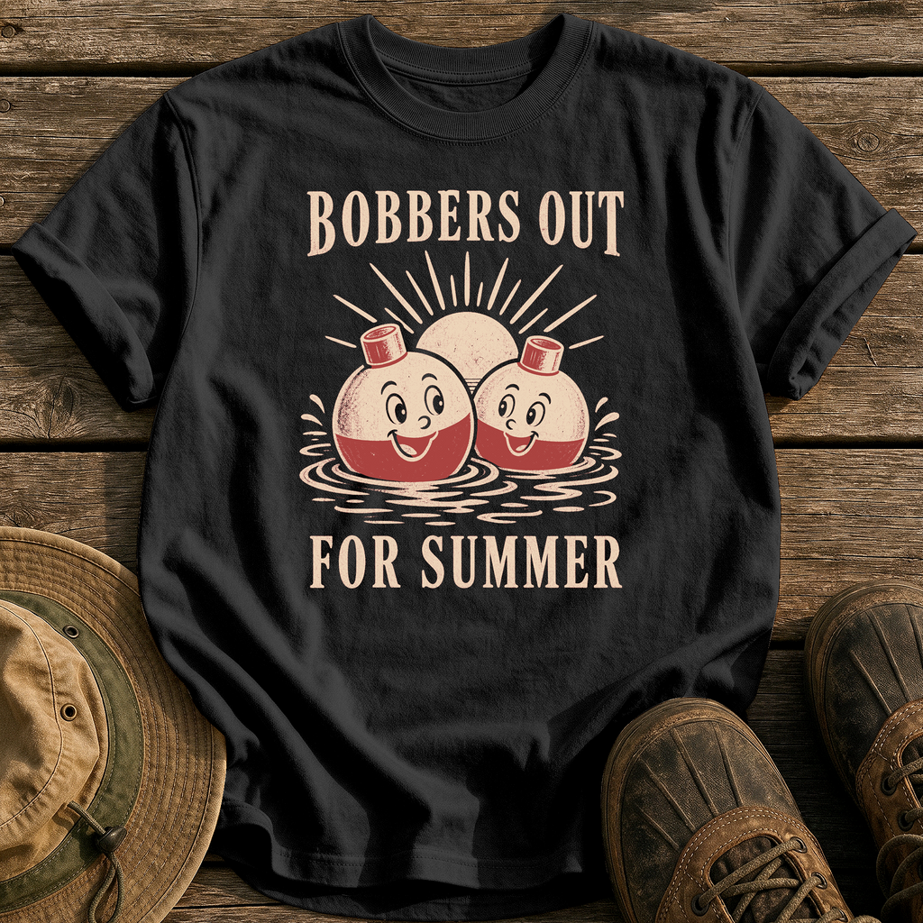 Bobbers Out for Summer tee - Black - front