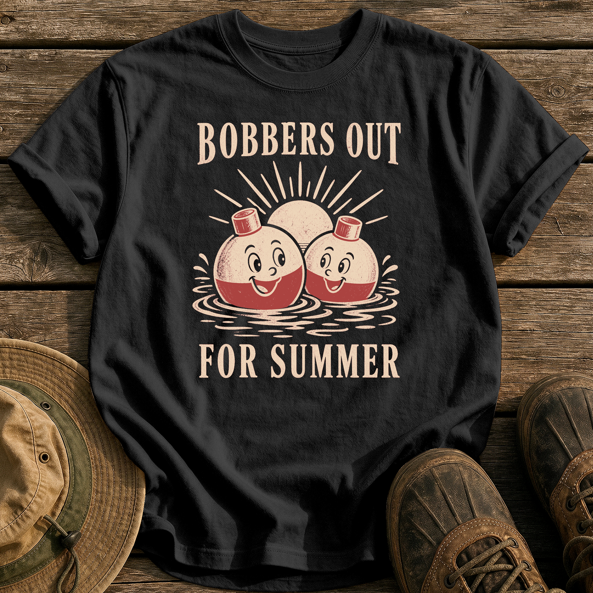 Bobbers Out for Summer tee - Black - front