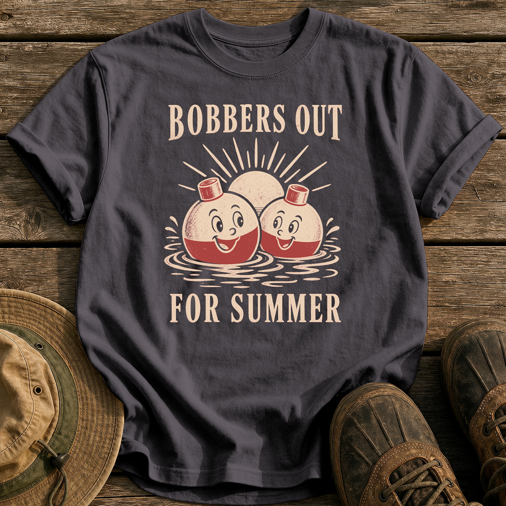 Bobbers Out for Summer tee - Graphite - front
