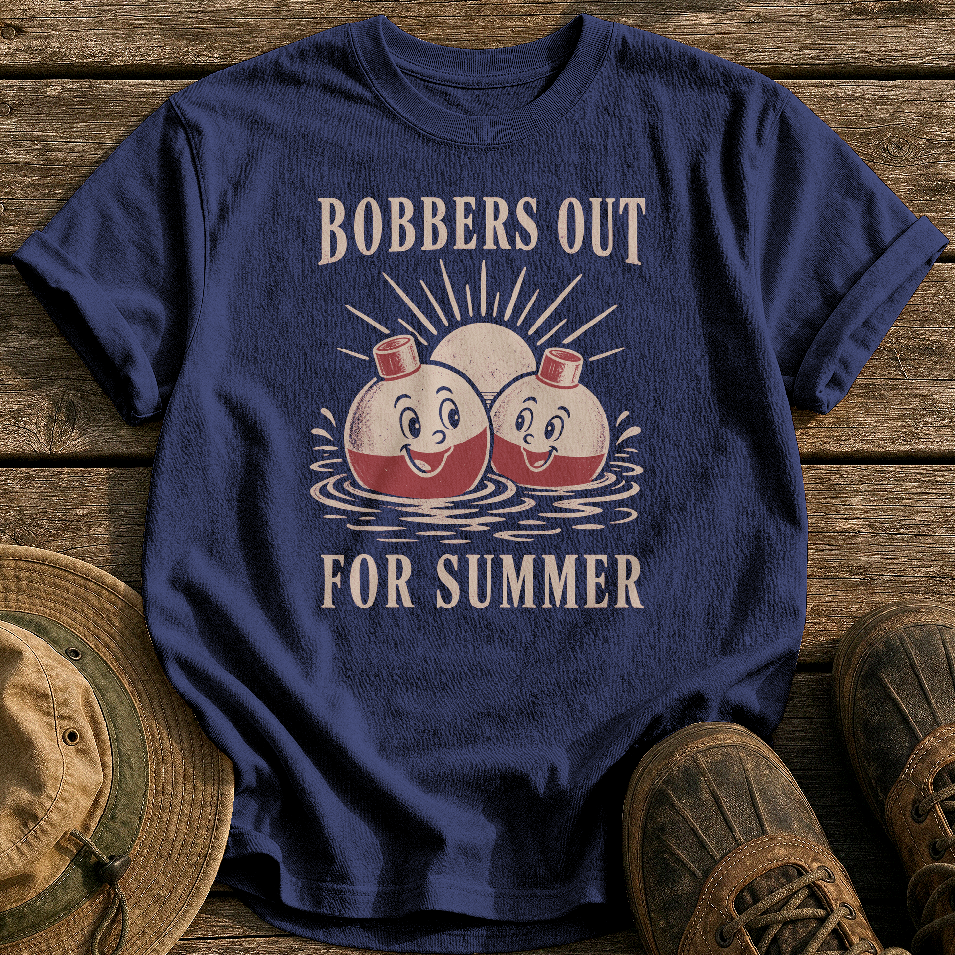 Bobbers Out for Summer tee - True Navy - front