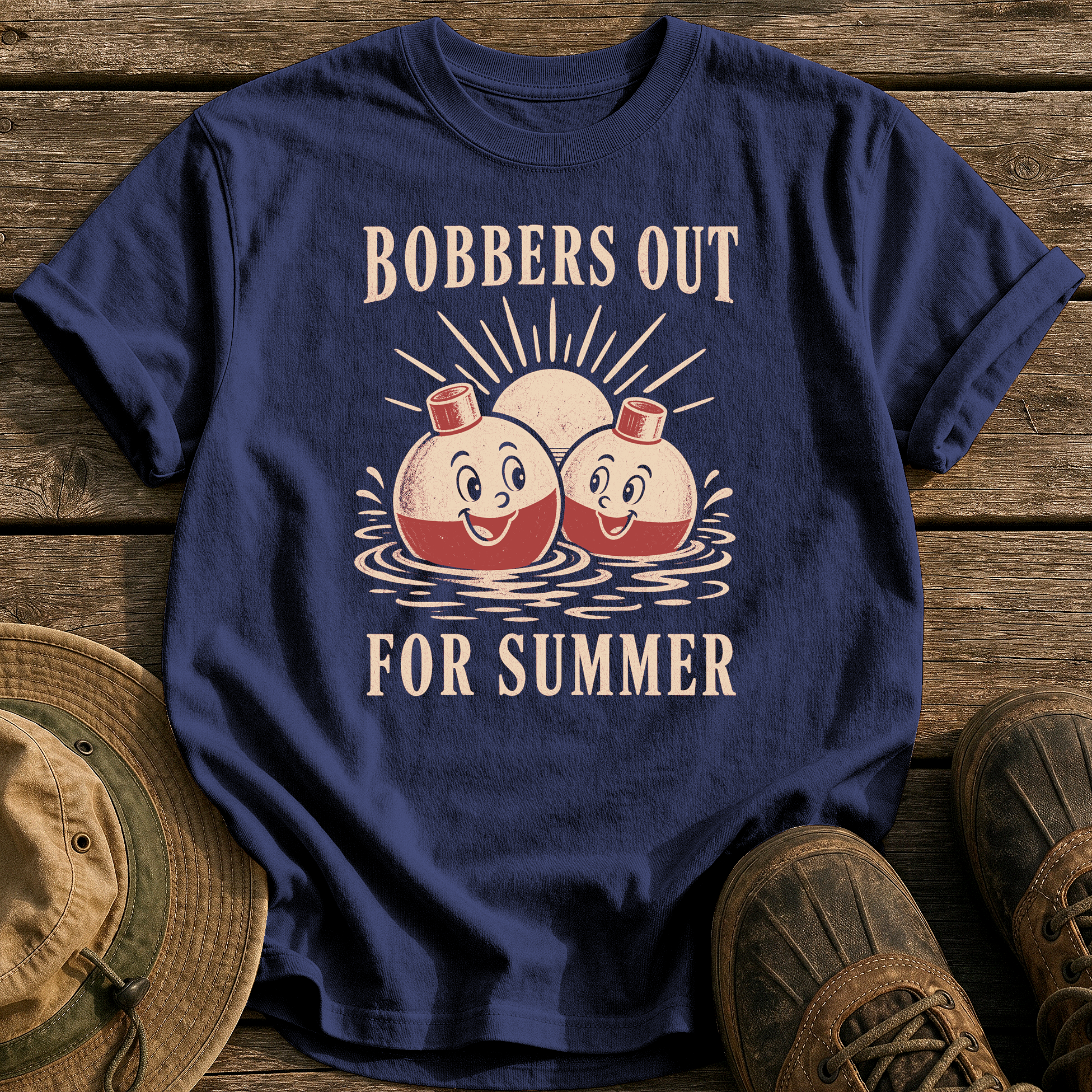 Bobbers Out for Summer tee - True Navy - front